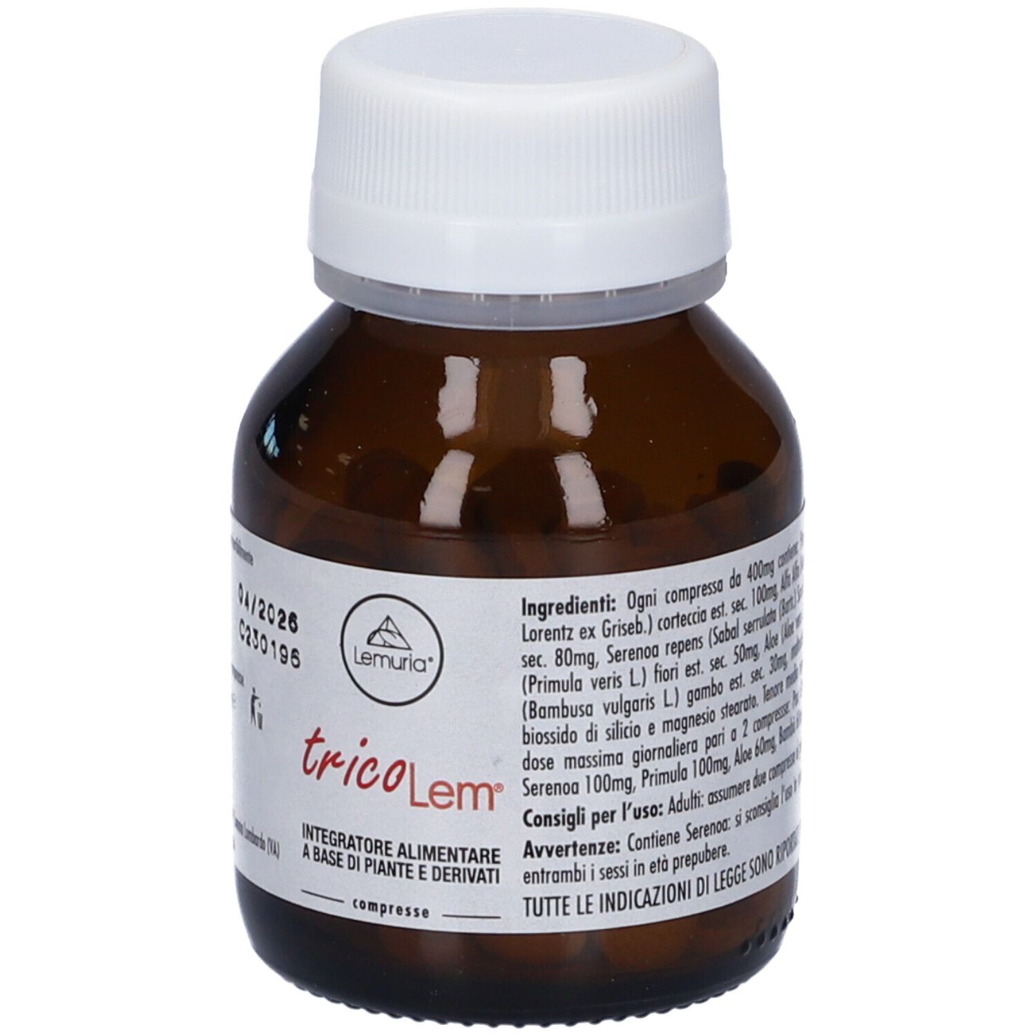Flacone marrone di compresse con tappo bianco. Scritta: tricoLem, integratore alimentare. Elenco ingredienti e data di scadenza.