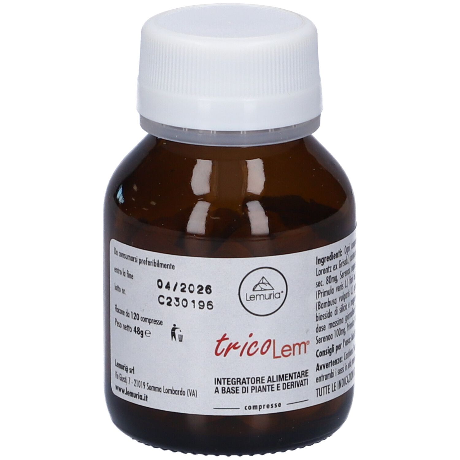 Flacone marrone di compresse con tappo bianco. Scritta: tricoLem, integratore alimentare. Data di scadenza e numero di lotto.