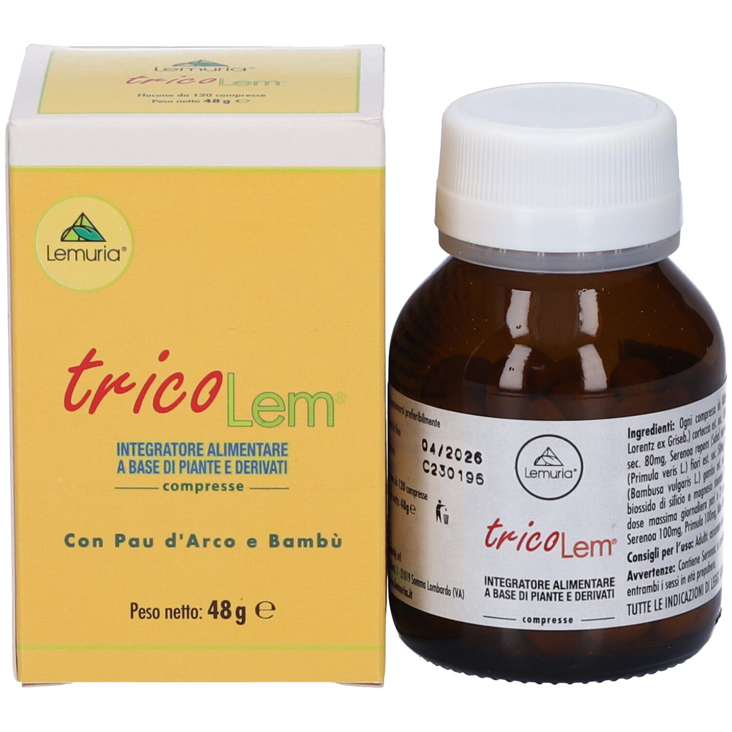 Scatola e flacone di compresse. Scritta: tricoLem, integratore alimentare. Con Pau d'Arco e Bambù. Data di scadenza.