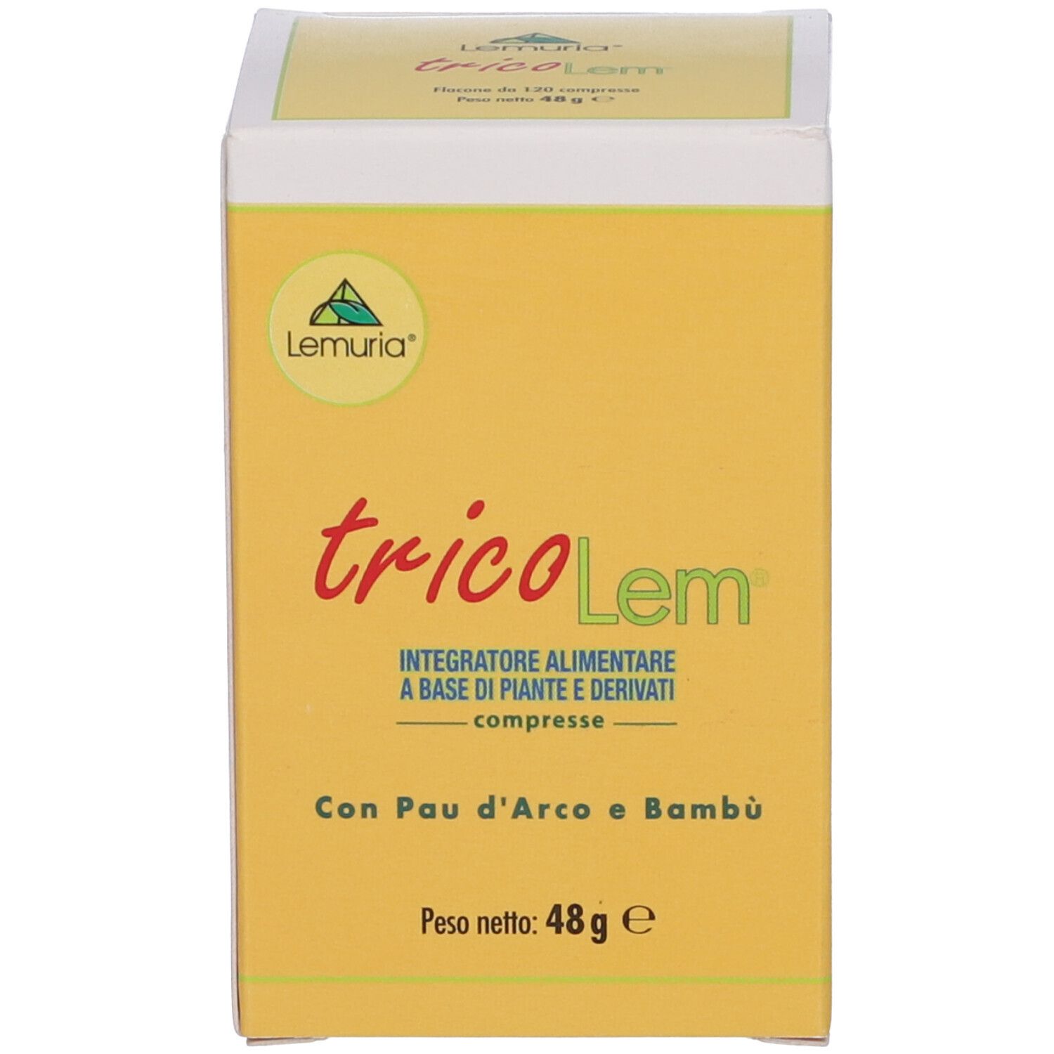 Scatola gialla con scritta: tricoLem, integratore alimentare. Con Pau d'Arco e Bambù. Peso netto: 48g.