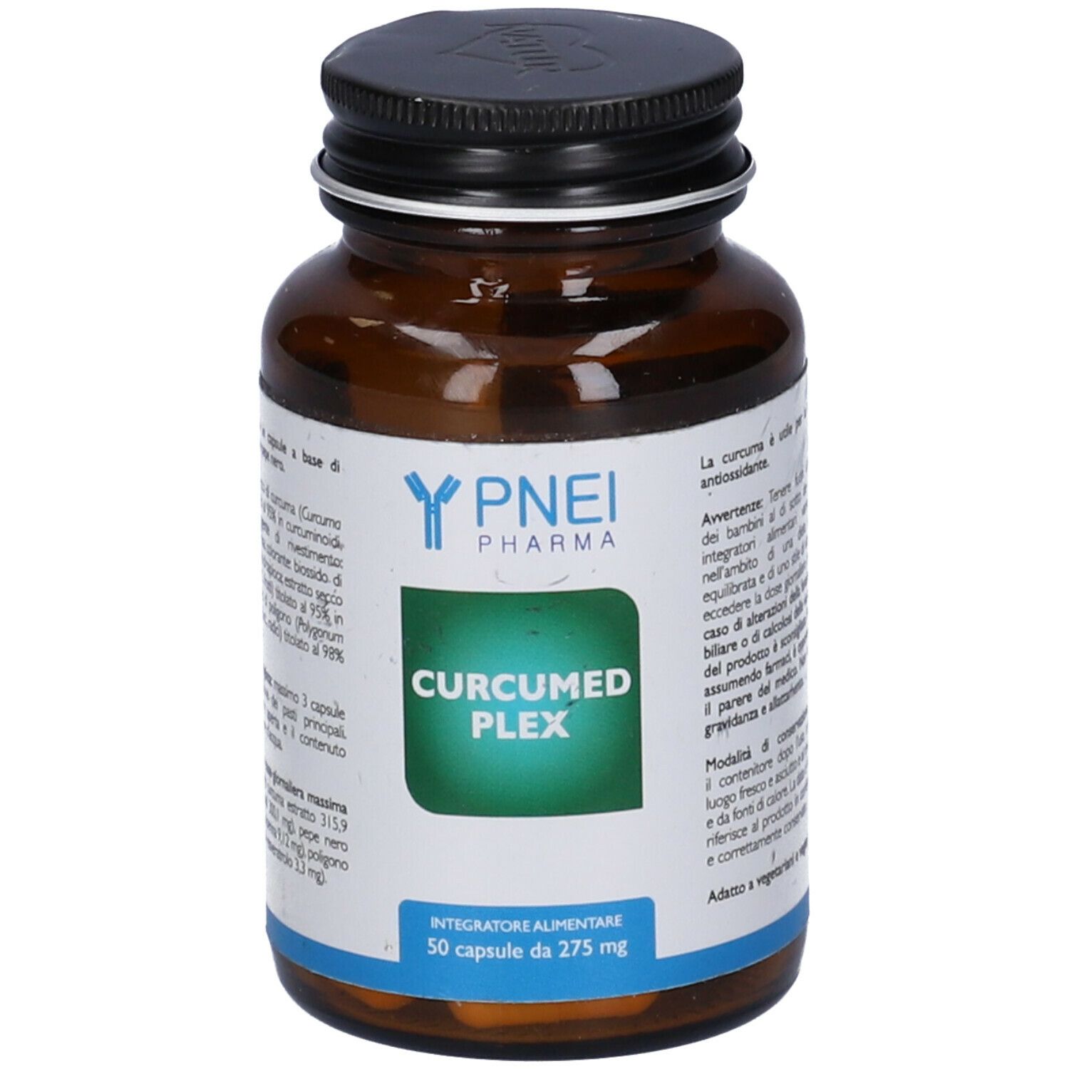 Flacone di vetro marrone con tappo nero. Scritta: CURCUMED PLEX. Integratore alimentare con 50 capsule.