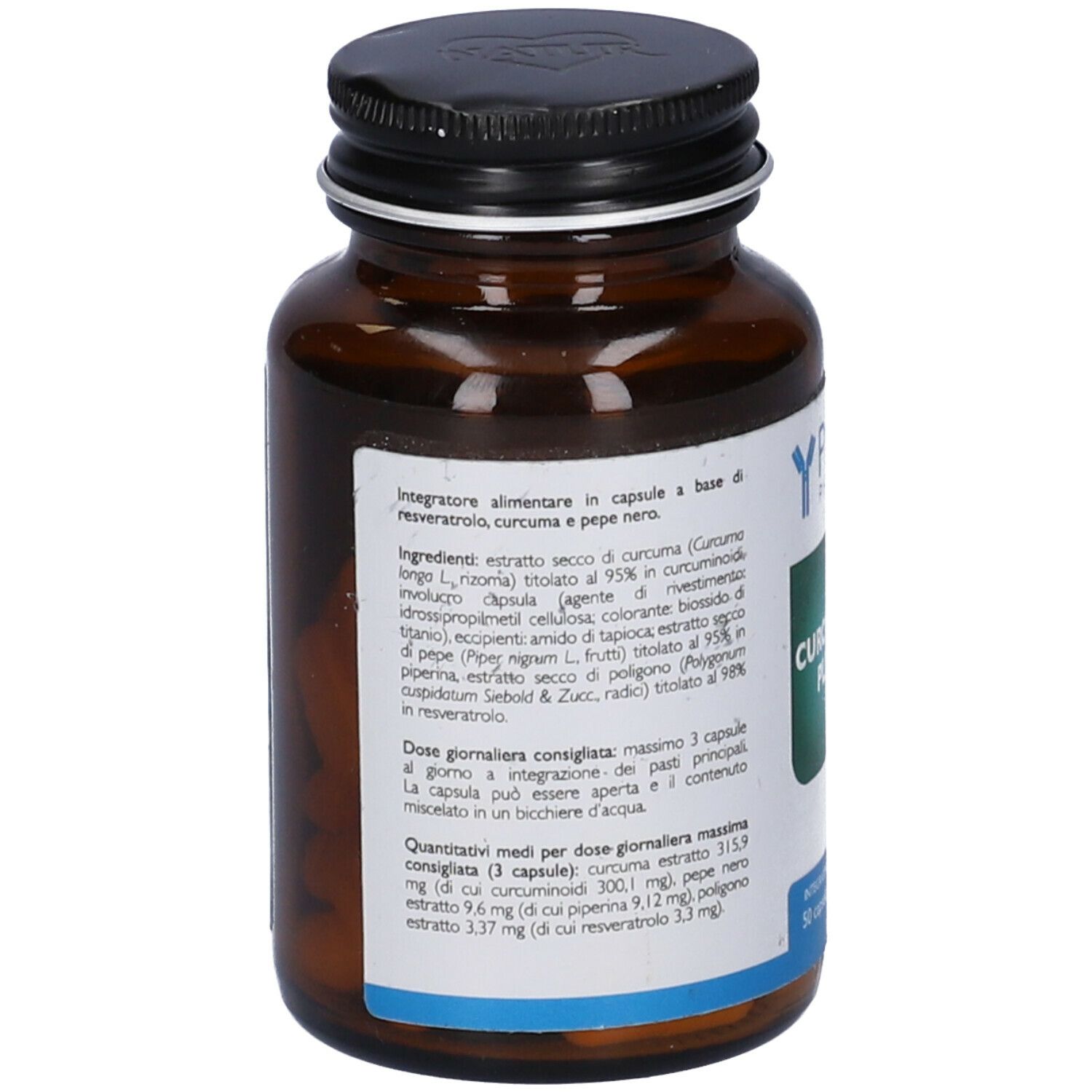 Flacone di vetro marrone con tappo nero. Retro con informazioni sugli ingredienti. Integratore alimentare.