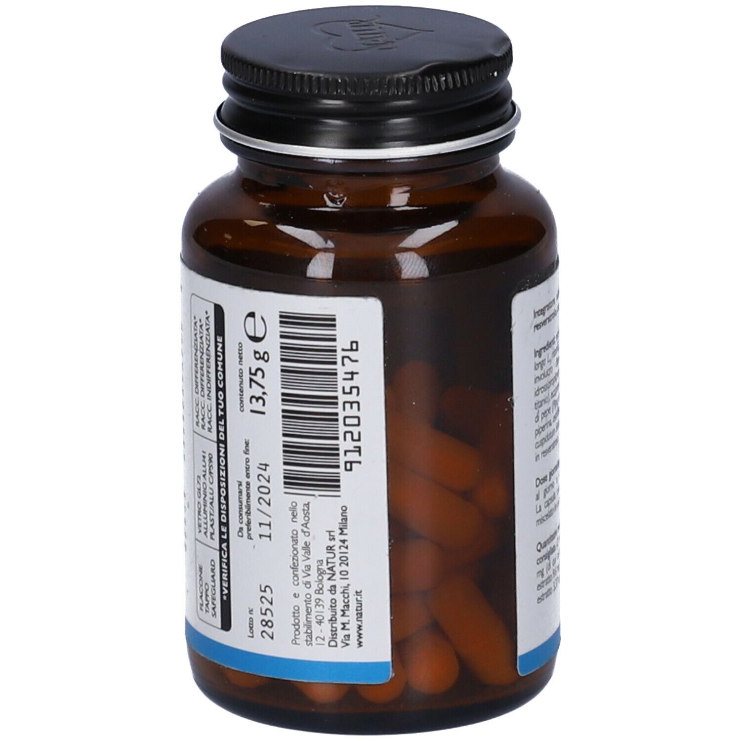 Flacone di vetro marrone con capsule nere. Retro con etichetta e numero di lotto. Integratore alimentare.