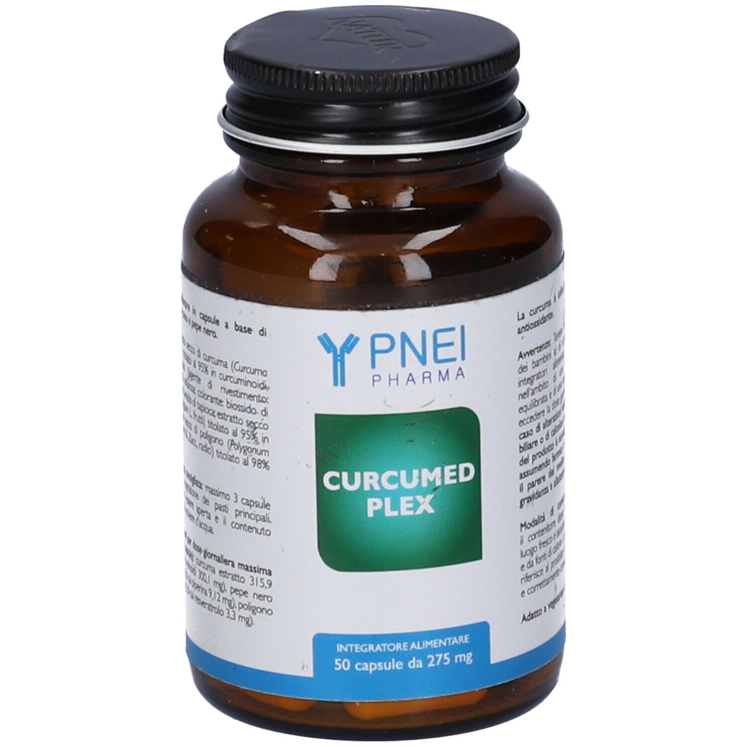Flacone di vetro marrone con tappo nero. Scritta: CURCUMED PLEX. Integratore alimentare con 50 capsule.