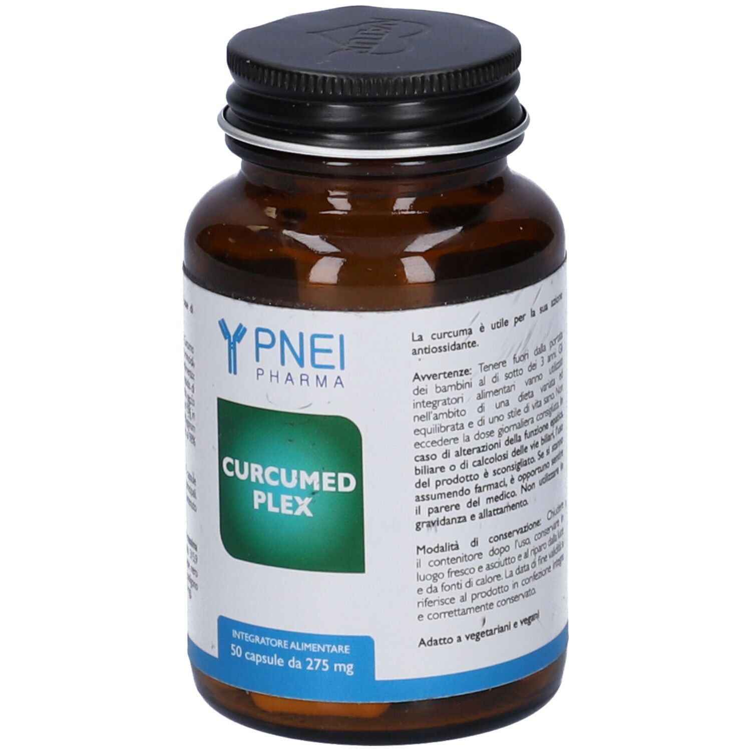 Flacone di vetro marrone con tappo nero. Scritta: CURCUMED PLEX. 50 capsule. Avvertenze sul retro.