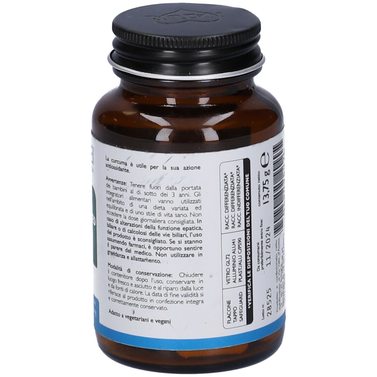 Flacone di vetro marrone con tappo nero. Retro con etichetta e avvertenze. Integratore alimentare.