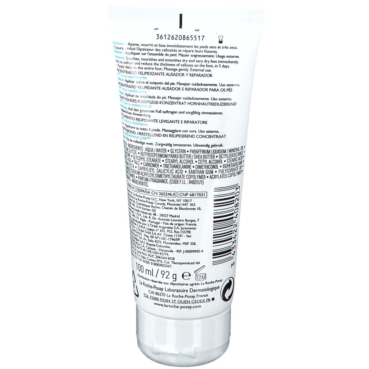 Retro del tubo. Bianco con testo. Contiene informazioni sul prodotto, ingredienti e produttore.