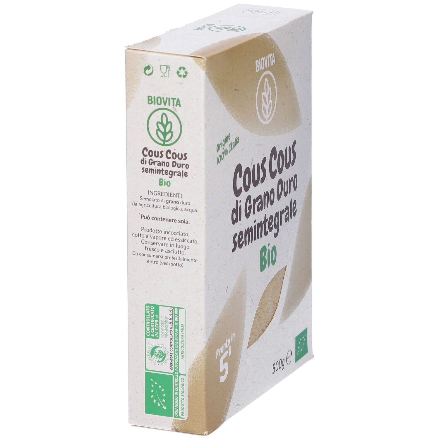 Vista laterale della confezione Biovita Cous Cous. Testo: Cous Cous di Grano Duro semintegrale Bio. 500g. Certificazione bio.