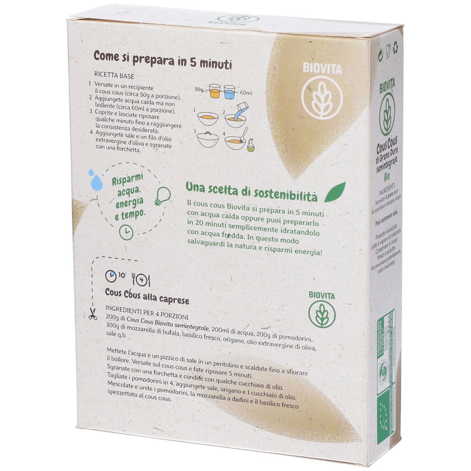 Retro della confezione Biovita Cous Cous. Illustrazioni e testo sulla preparazione e ingredienti. Certificazione bio.