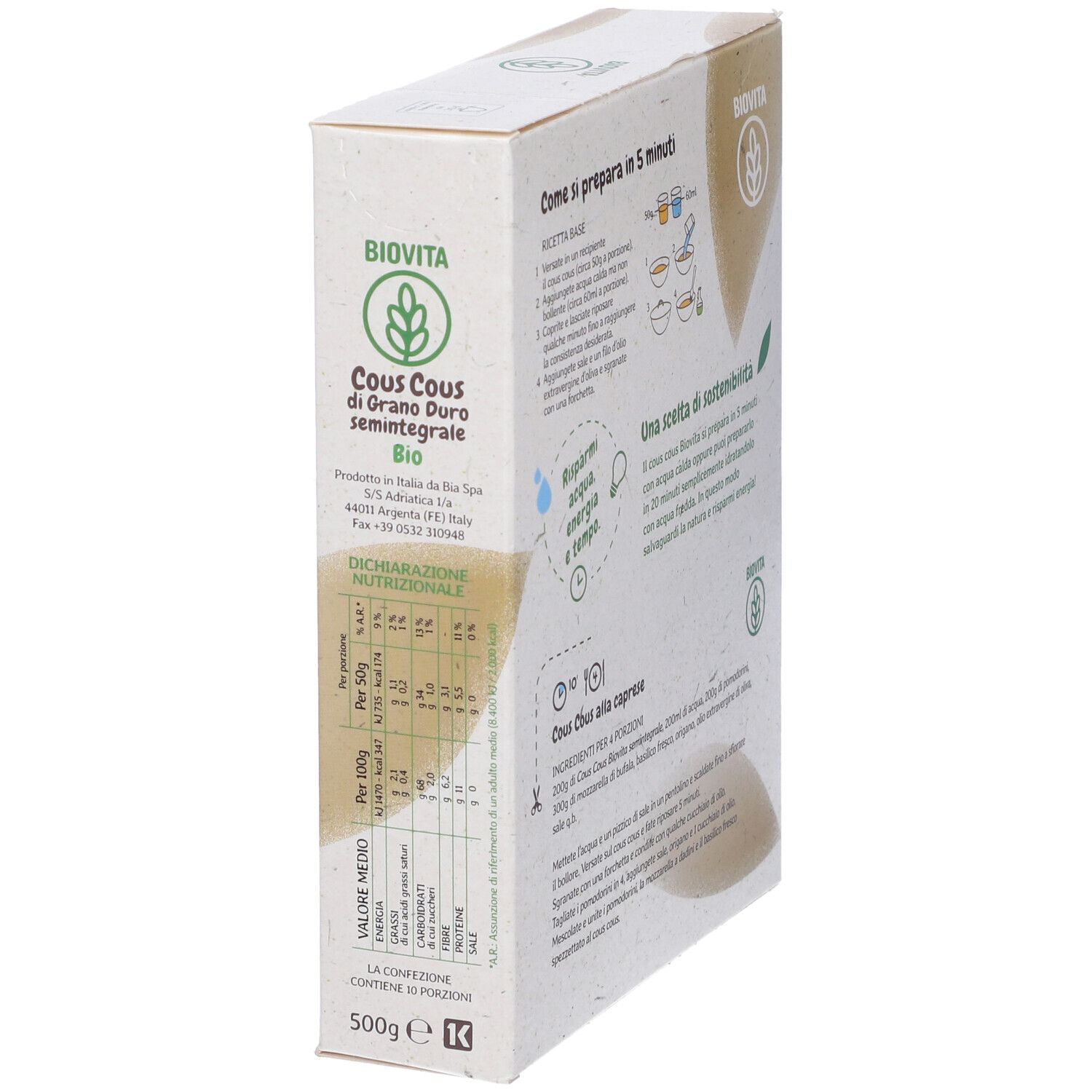 Vista obliqua della confezione Biovita Cous Cous. Testo: Cous Cous di Grano Duro semintegrale Bio. 500g. Certificazione bio.