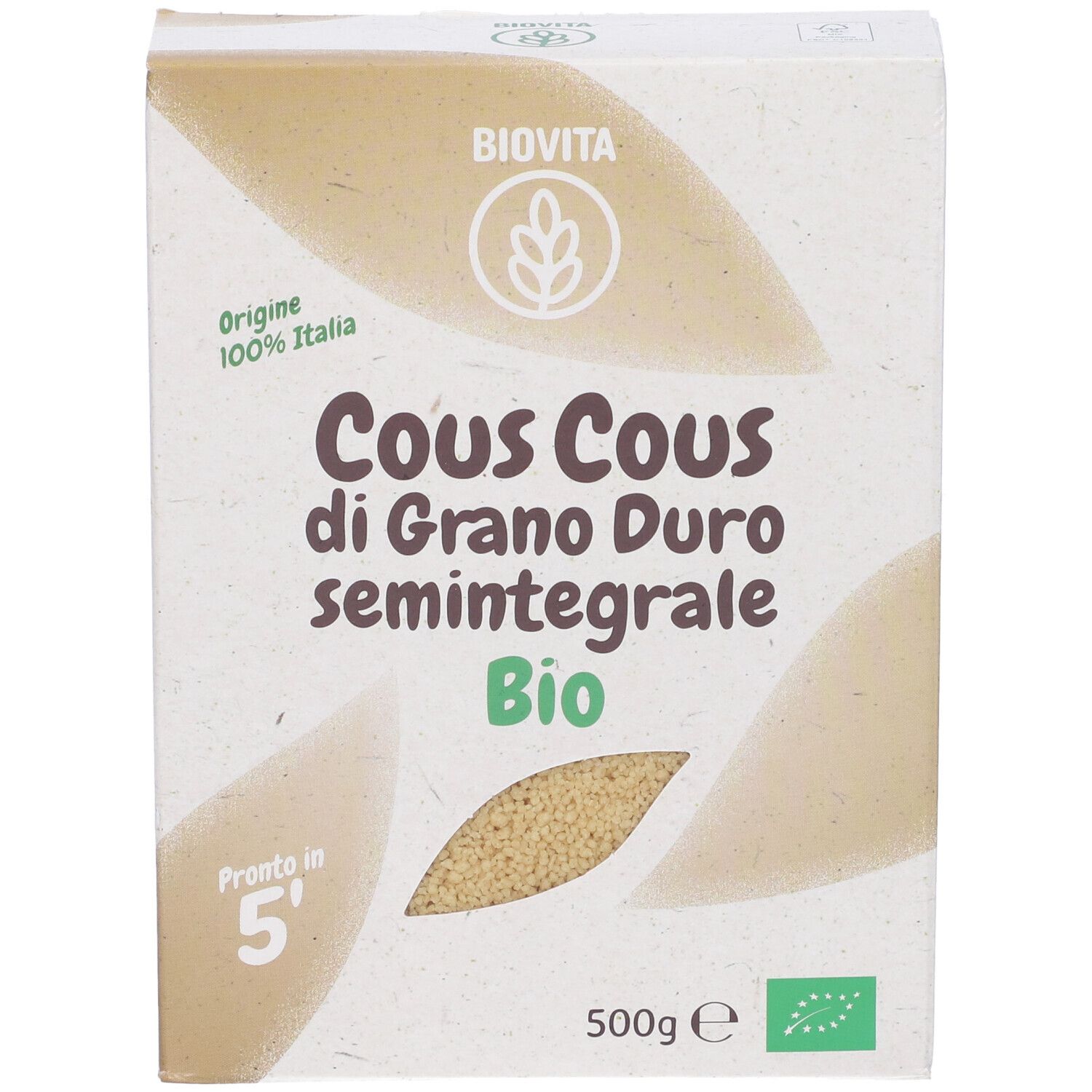 Vista frontale della confezione Biovita Cous Cous. Scritta: Cous Cous di Grano Duro semintegrale Bio. 500g. Certificazione bio.