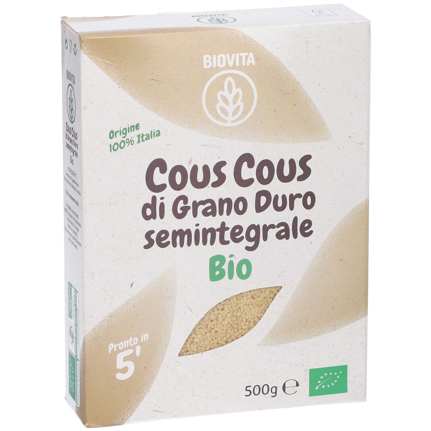 Vista obliqua della confezione Biovita Cous Cous. Scritta: Cous Cous di Grano Duro semintegrale Bio. 500g. Certificazione bio.
