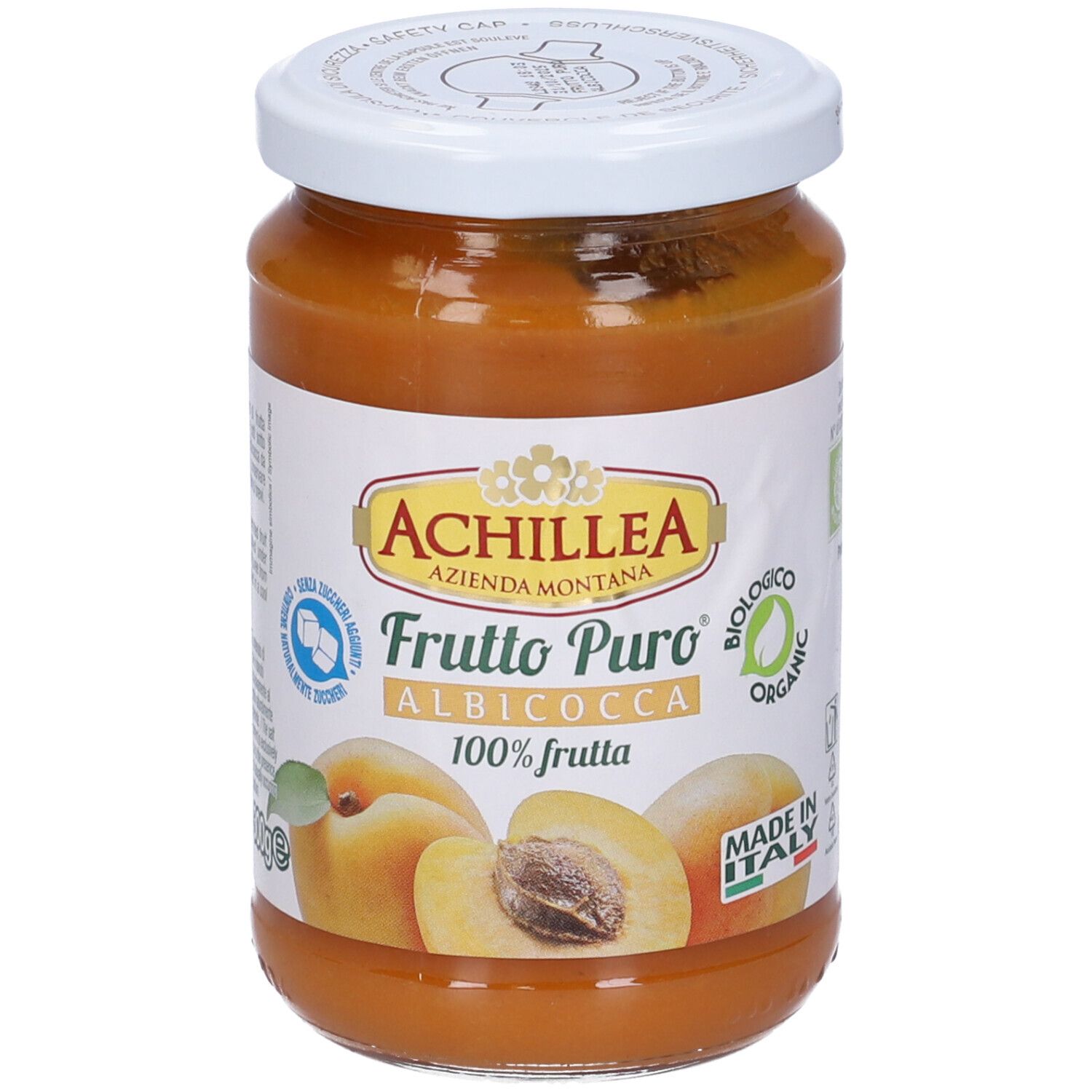 Vasetto di purea di albicocche. Etichetta 'Achillea Frutto Puro Albicocca'. Sigillo biologico e immagine di albicocche.