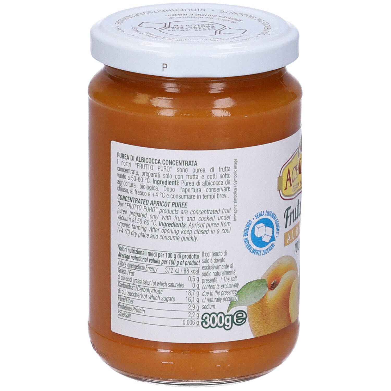 Retro del vasetto di purea di albicocche. Testo e informazioni nutrizionali. Sigillo bio e 'Made in Italy'.