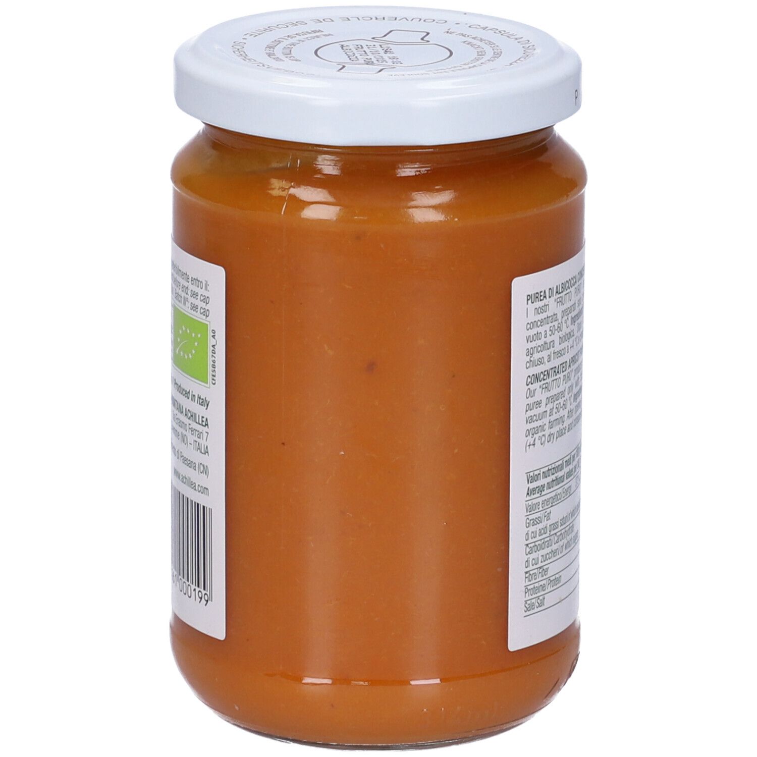 Vasetto di purea di albicocche. Retro con testo e sigillo bio. Coperchio bianco. Contenuto arancione.
