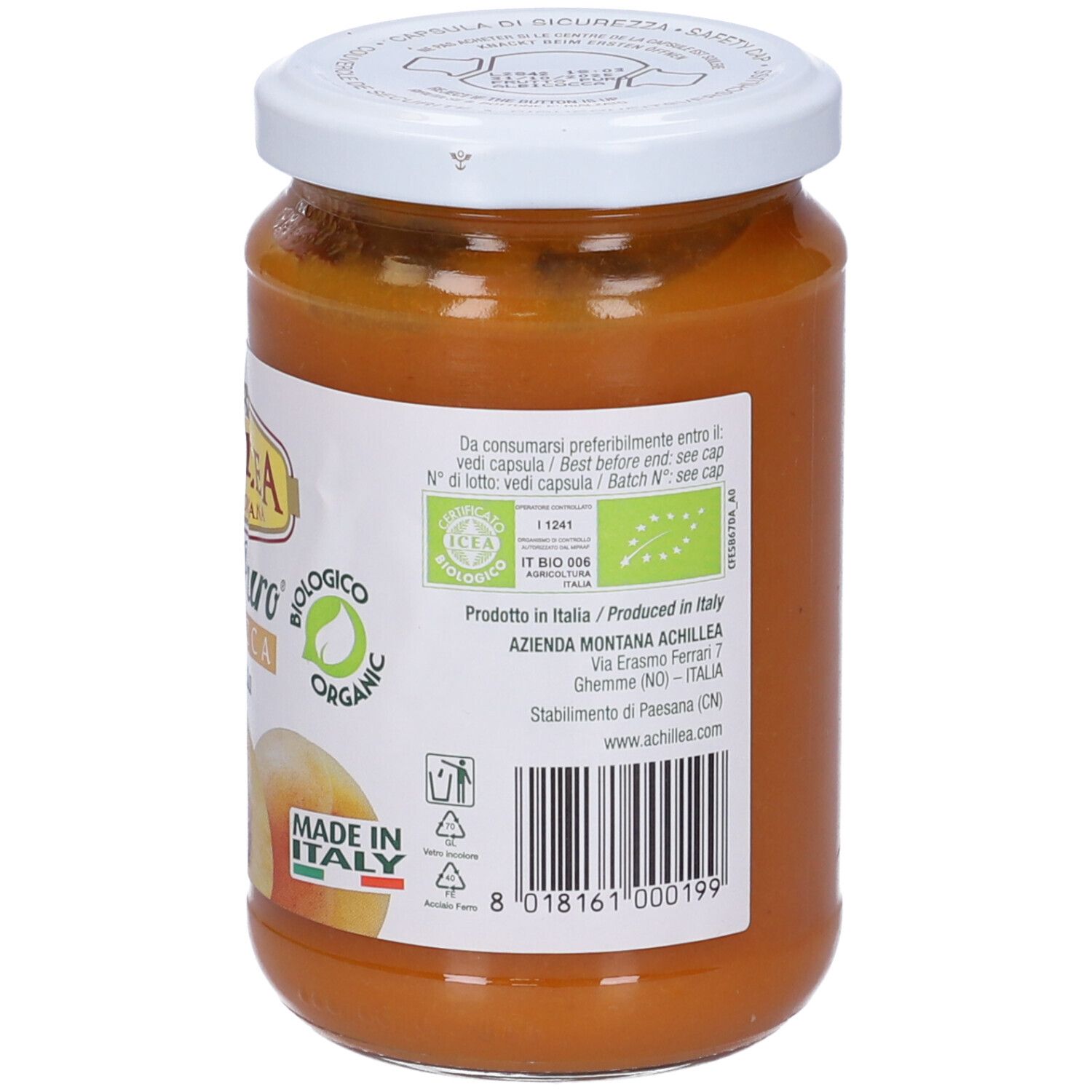Retro del vasetto di purea di albicocche. Testo, sigillo bio e 'Made in Italy'.