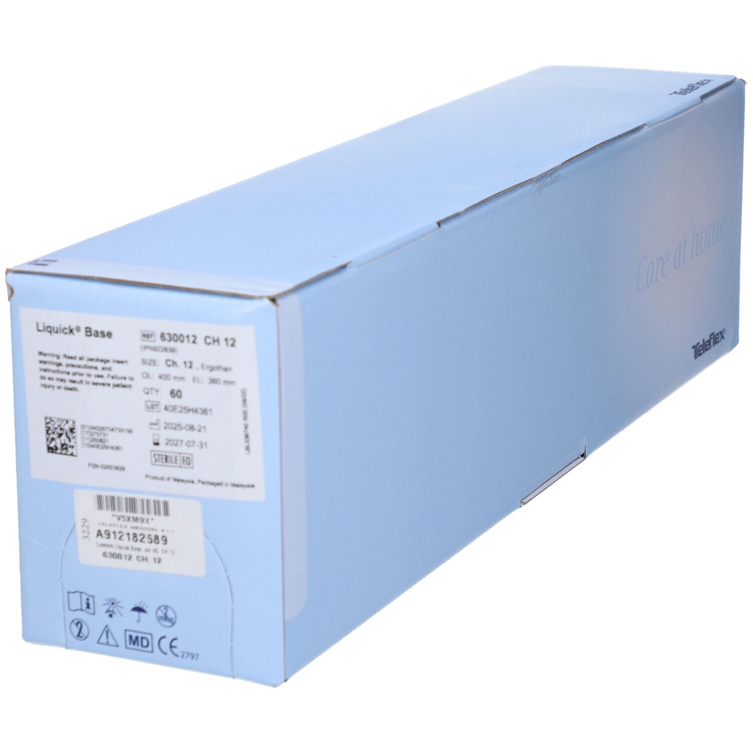 Confezione prodotto azzurra. Scritta "Care at home" e logo Teleflex. Informazioni prodotto e loghi.