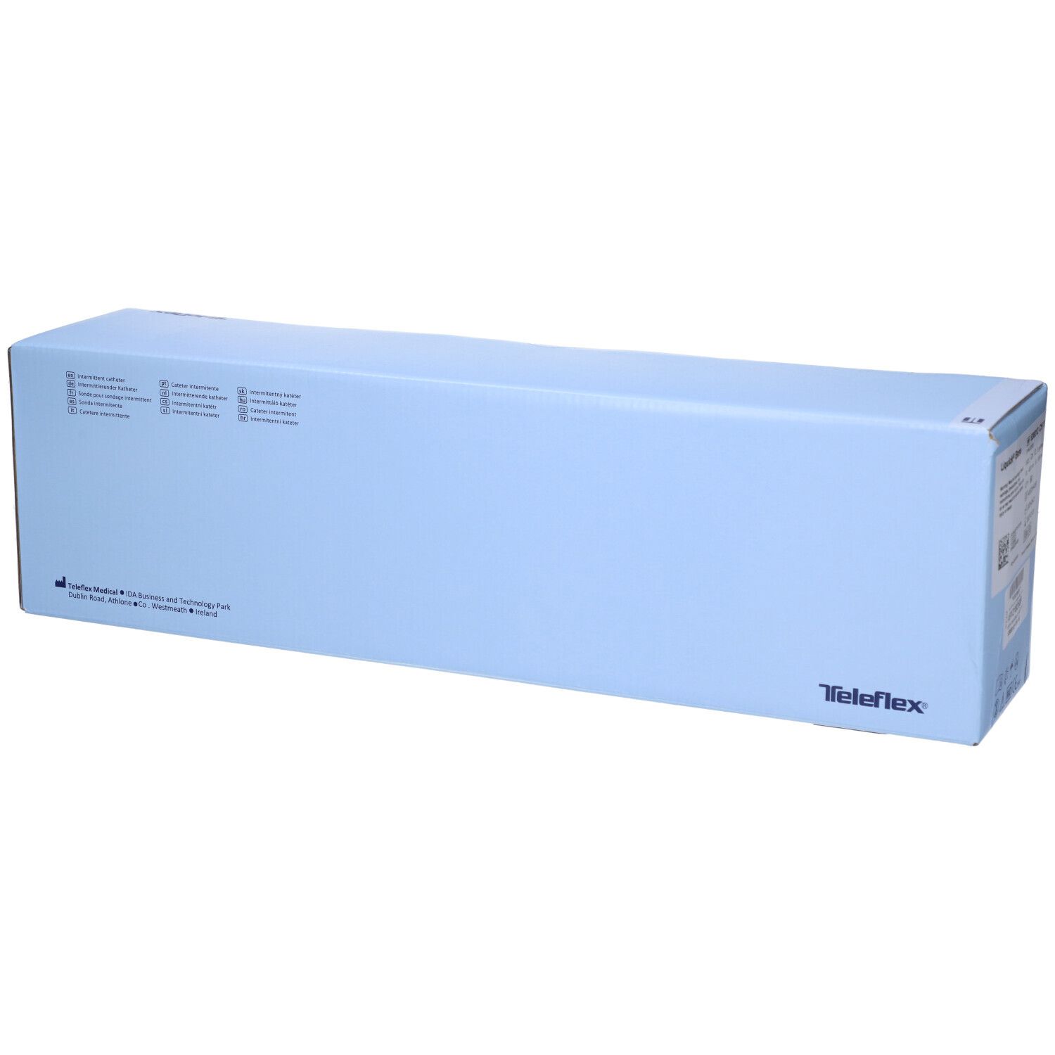 Confezione prodotto azzurra. Scritta "Care at home" e logo Teleflex. Forma allungata.