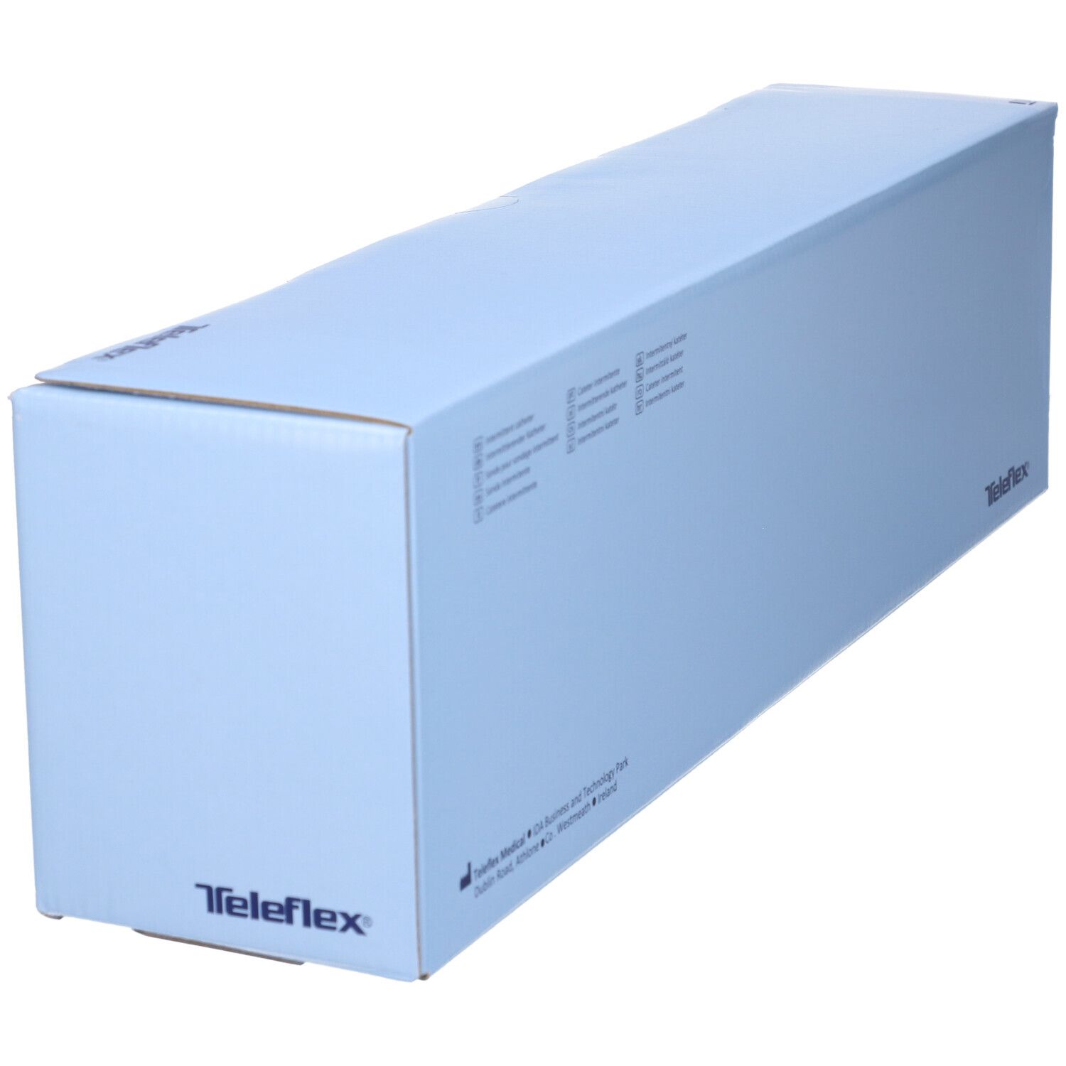 Confezione prodotto azzurra. Logo Teleflex. Forma allungata. Diversi pittogrammi.