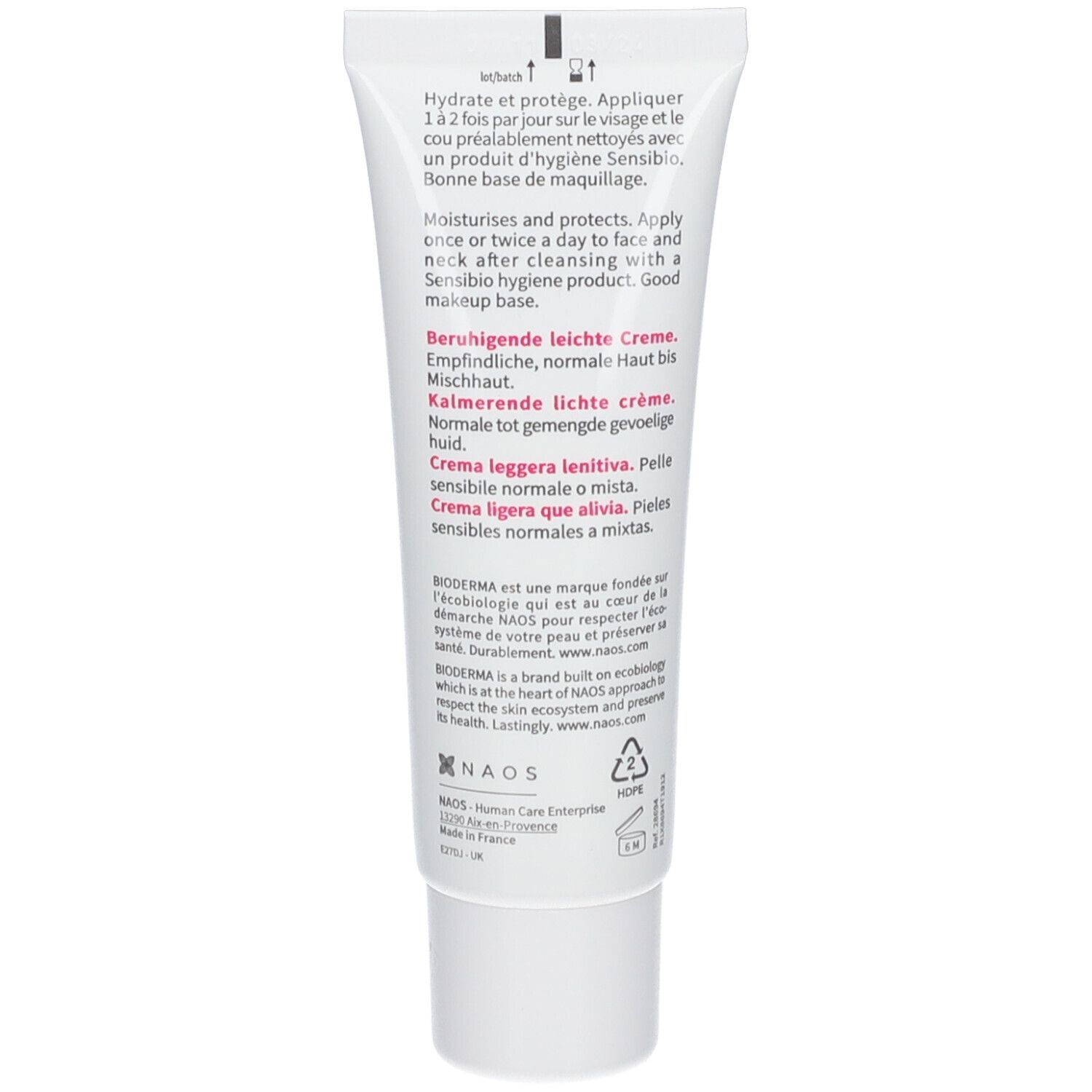 Retro del tubo BIODERMA Sensibio Light. Testo multilingue. Informazioni sull'uso e ingredienti. Logo NAOS.