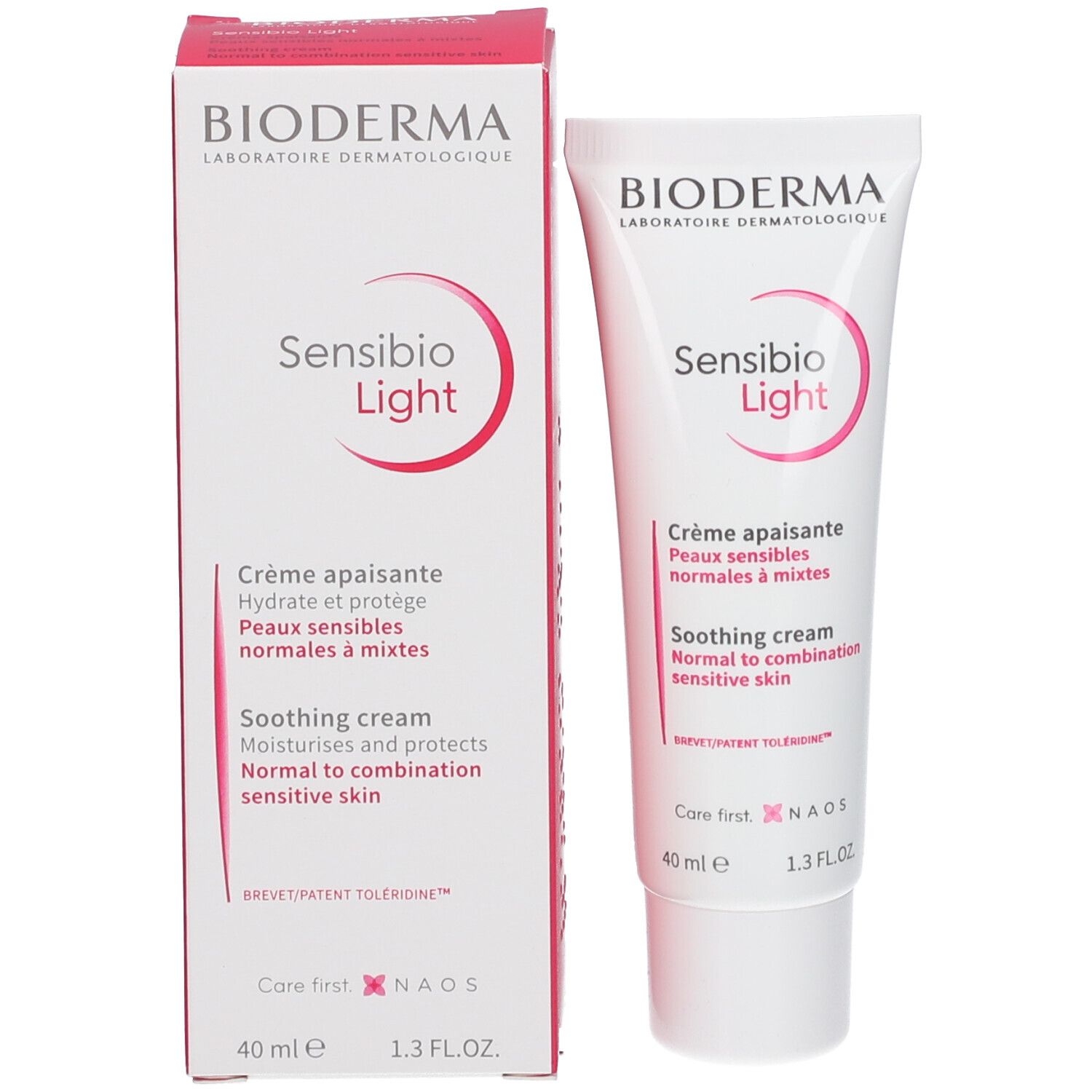Confezione BIODERMA Sensibio Light. Tubo e scatola. Scatola con nome e descrizione del prodotto. 40 ml, 1.3 FL.OZ.