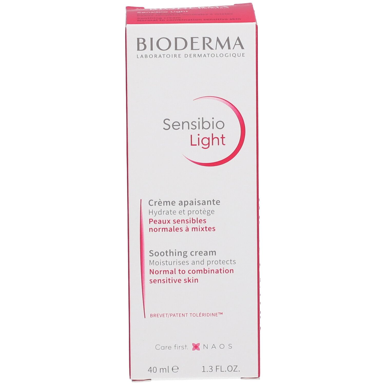 Scatola BIODERMA Sensibio Light. Sfondo rosa. Nome e descrizione del prodotto. 40 ml, 1.3 FL.OZ. Testo: Crème apaisante, Soothing cream.