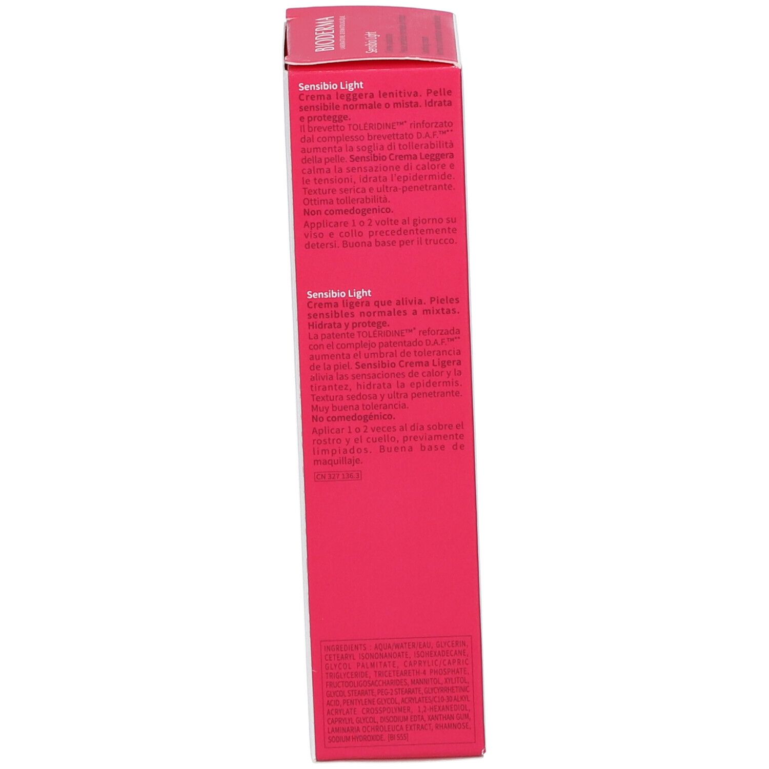 Lato della scatola BIODERMA Sensibio Light. Testo multilingue. Informazioni sul prodotto e sull'uso.