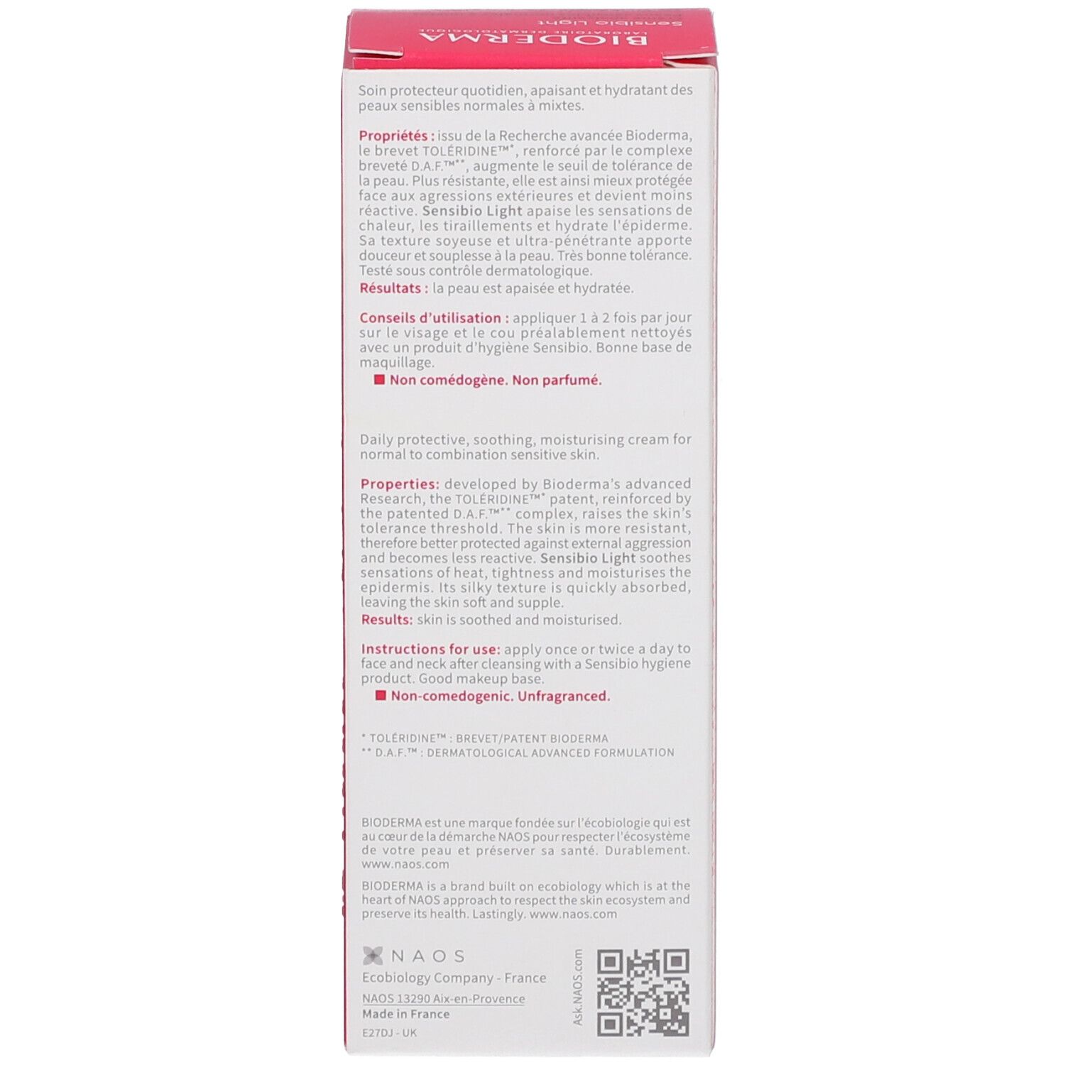 Retro della scatola BIODERMA Sensibio Light. Testo multilingue. Descrizione del prodotto, istruzioni e ingredienti.