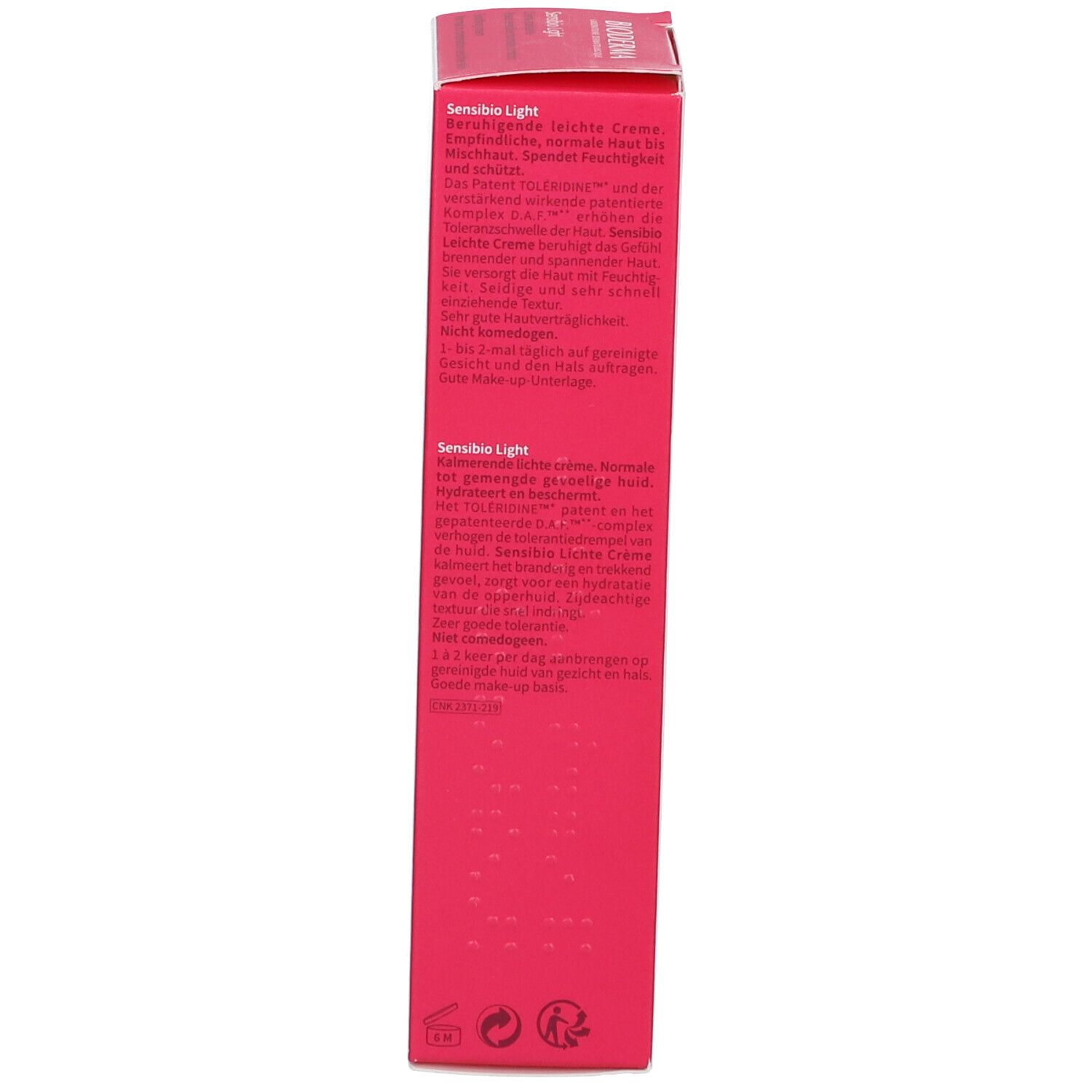 Lato della scatola BIODERMA Sensibio Light. Testo multilingue. Descrizione del prodotto e istruzioni per l'uso.