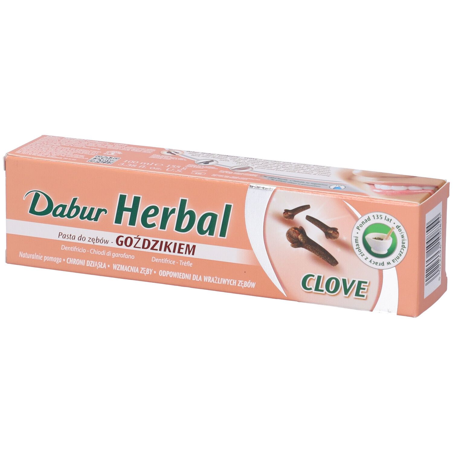 Confezione di dentifricio con chiodi di garofano. Testo: Dabur Herbal, Clove. Sigillo verde: 125 anni di esperienza. Testo multilingue.