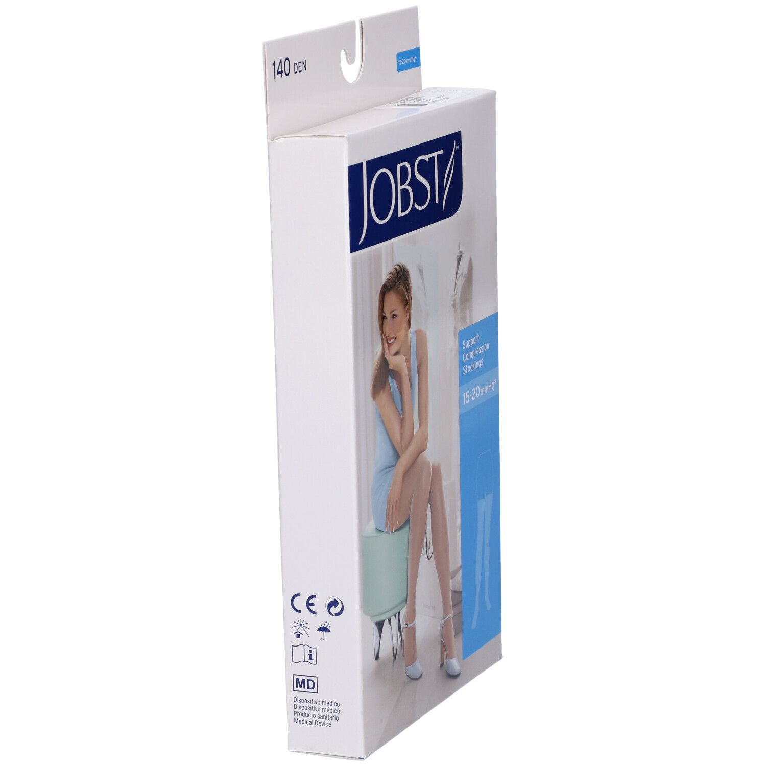 Confezione Jobst, vista laterale. 140 DEN. Scritta: 15-20 mmHg. Donna con calze. Marchio CE.