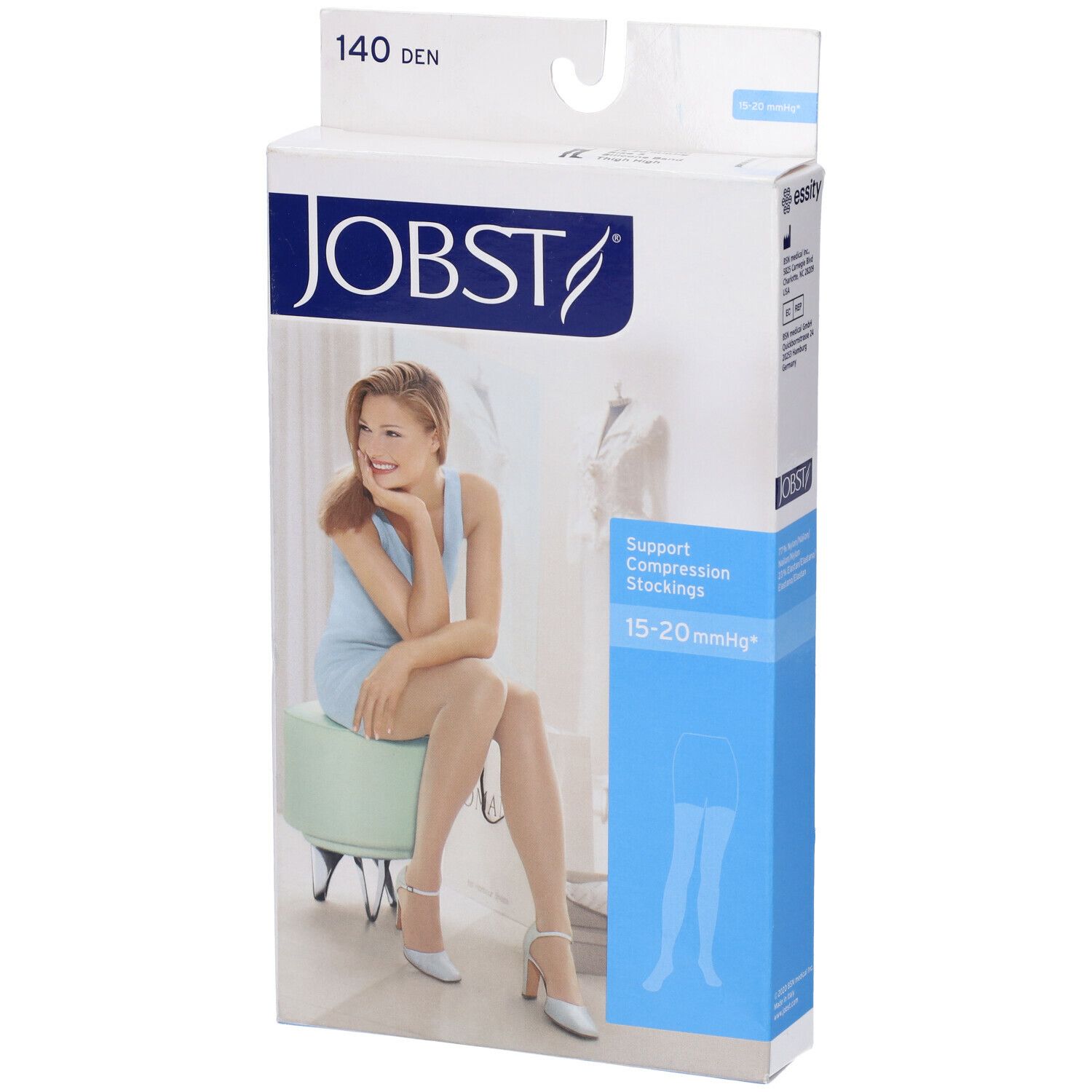 Jobst Velato 140Den Naturel Misura 3. Confezione con donna che indossa calze. Calze a compressione 15-20 mmHg.