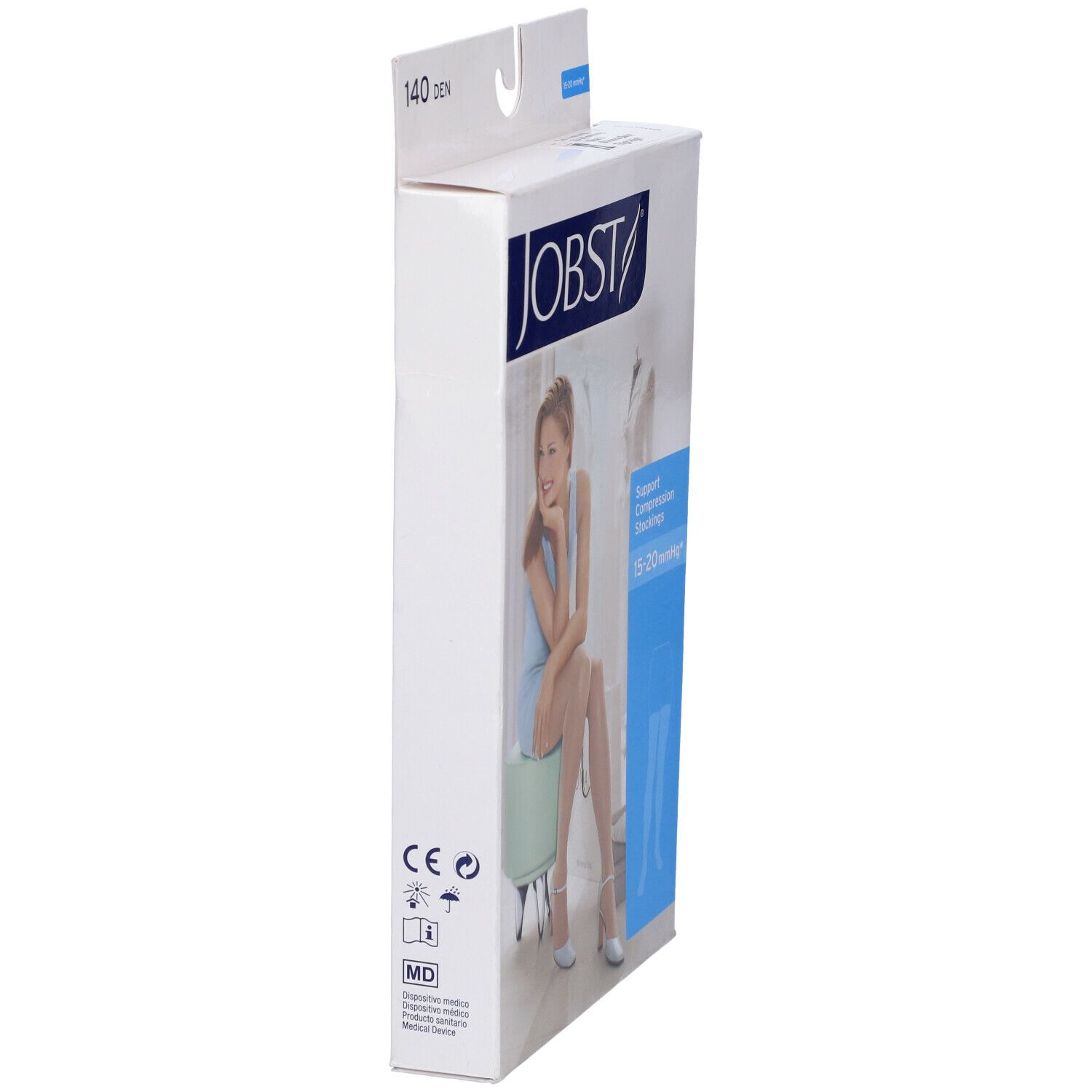 Jobst Velato 140Den Naturel Misura 3. Confezione, vista laterale. Calze a compressione, marchio CE, marchio MD.