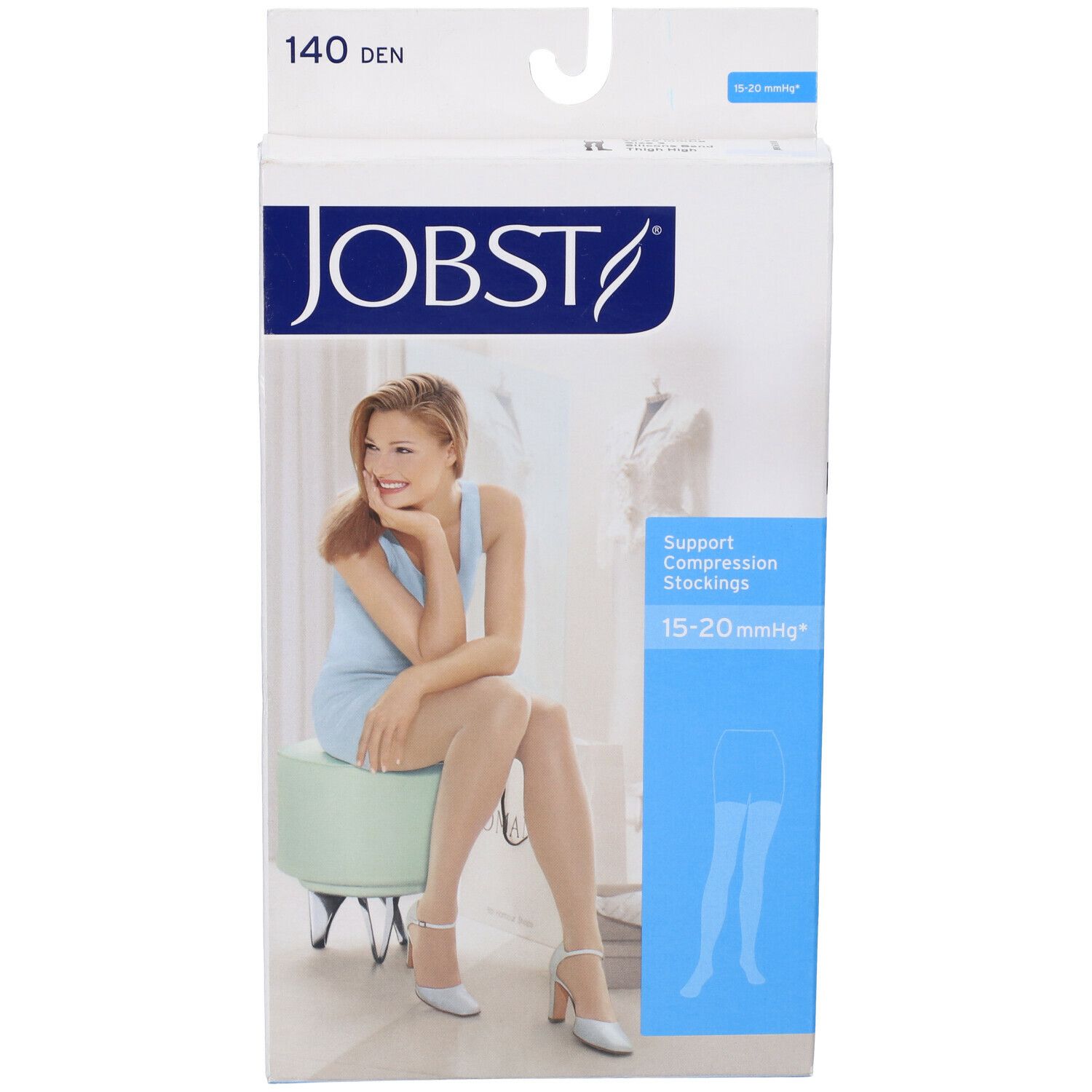 Jobst Velato 140Den Naturel Misura 3. Confezione con donna che indossa calze. Calze a compressione 15-20 mmHg.