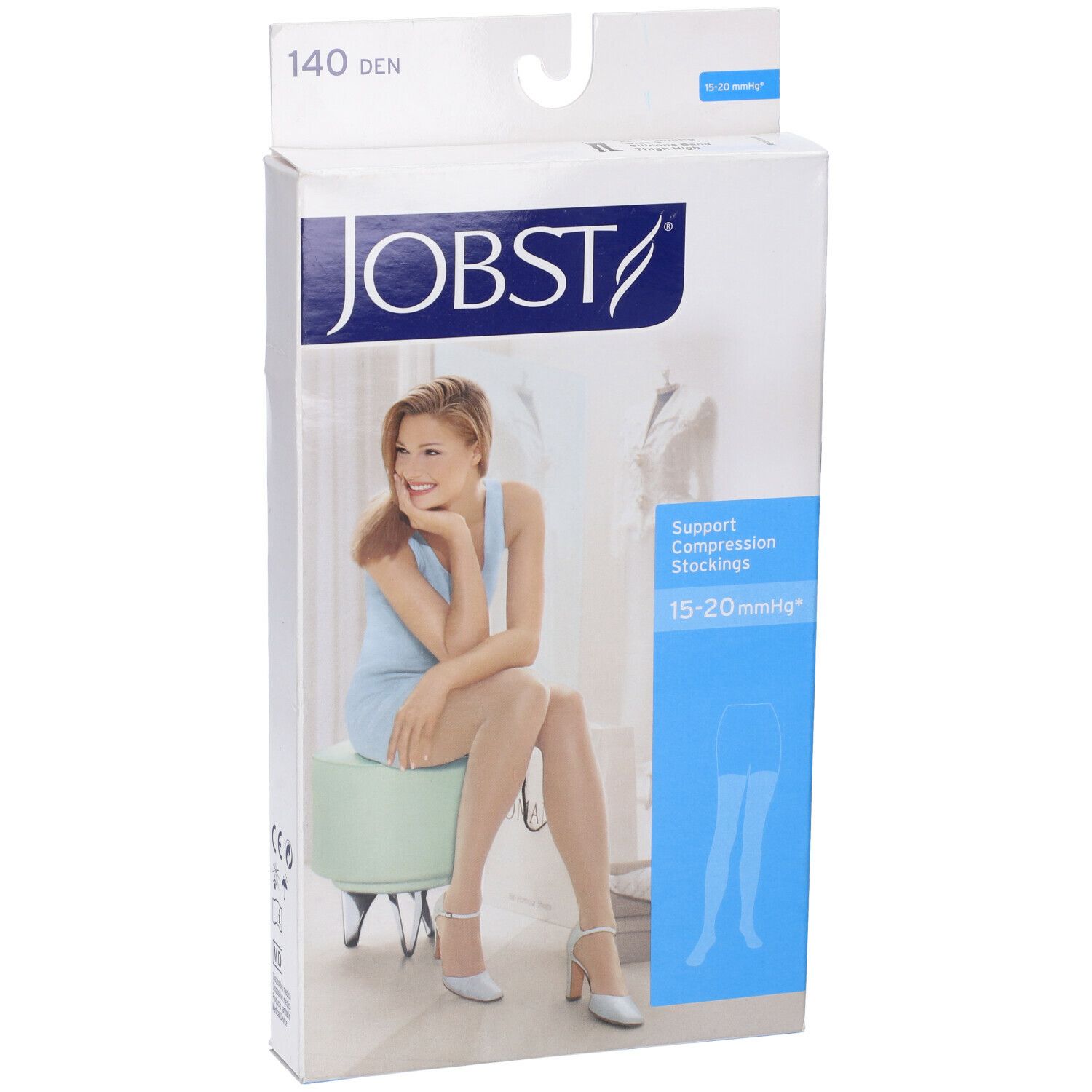 Jobst Velato 140Den Naturel Misura 3. Confezione con donna che indossa calze. Calze a compressione 15-20 mmHg.