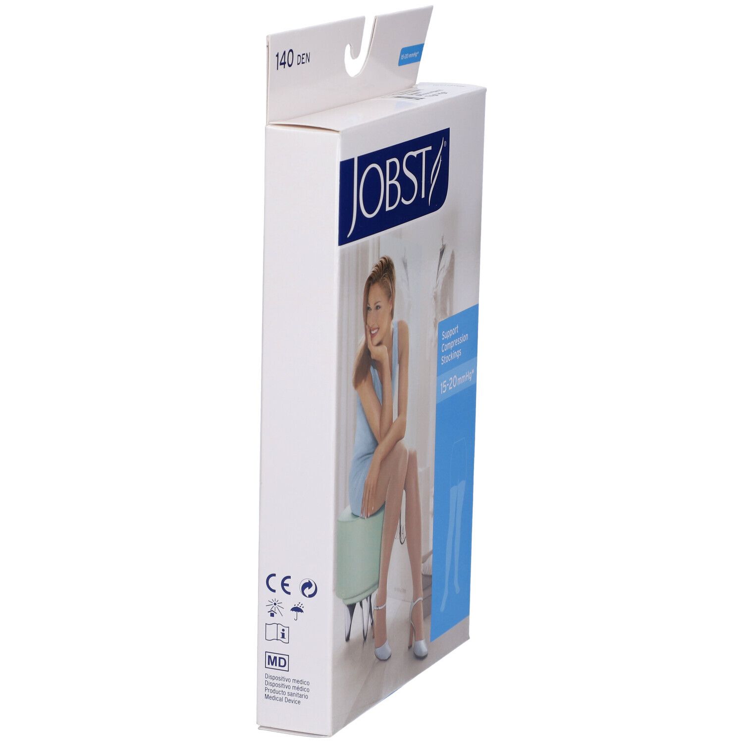 Confezione Jobst, vista laterale. Stampa: Jobst, calze a compressione. Donna seduta su sgabello. Marchio CE.