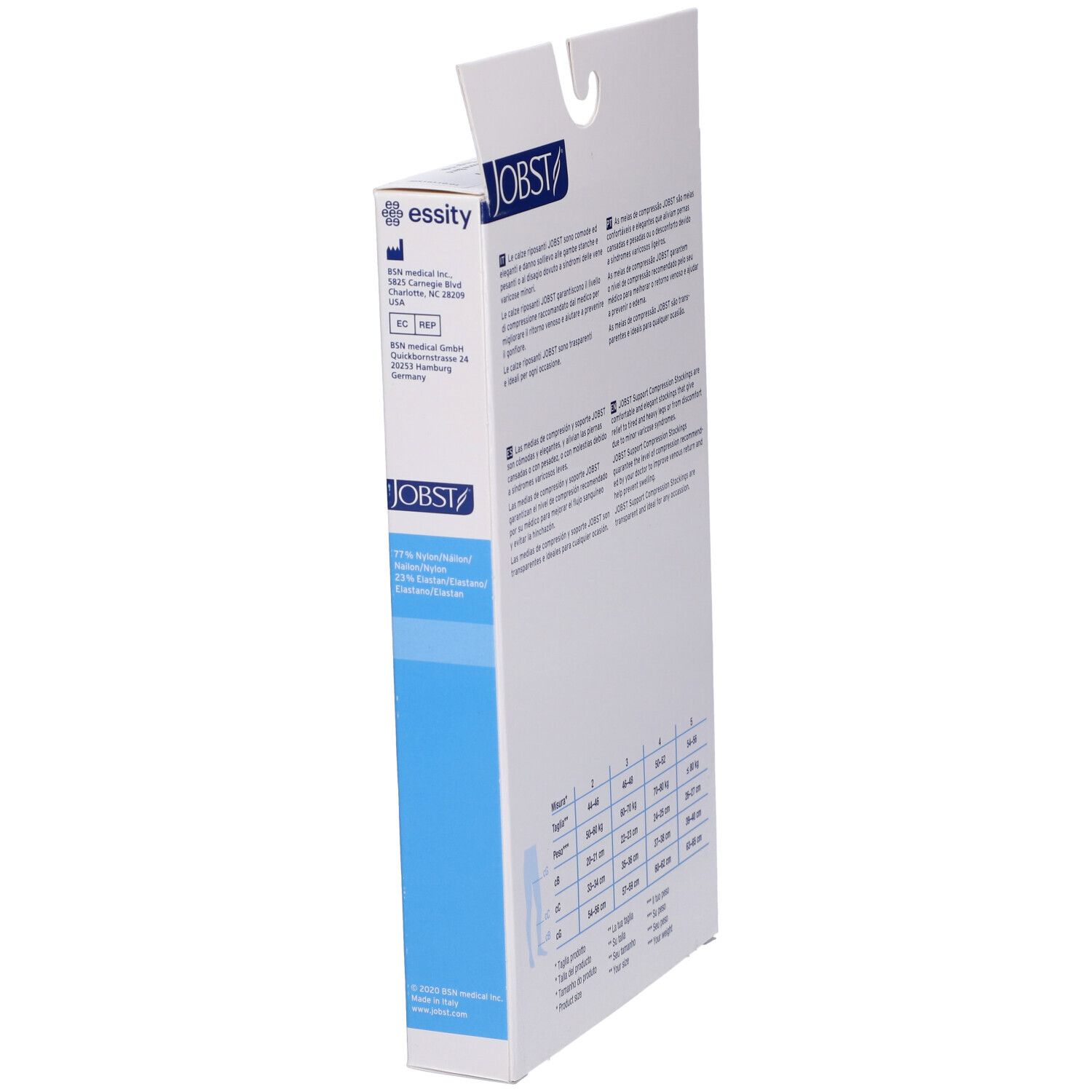 Confezione Jobst, vista laterale. Stampa: Jobst, testo, marchio CE. Indirizzo produttore.