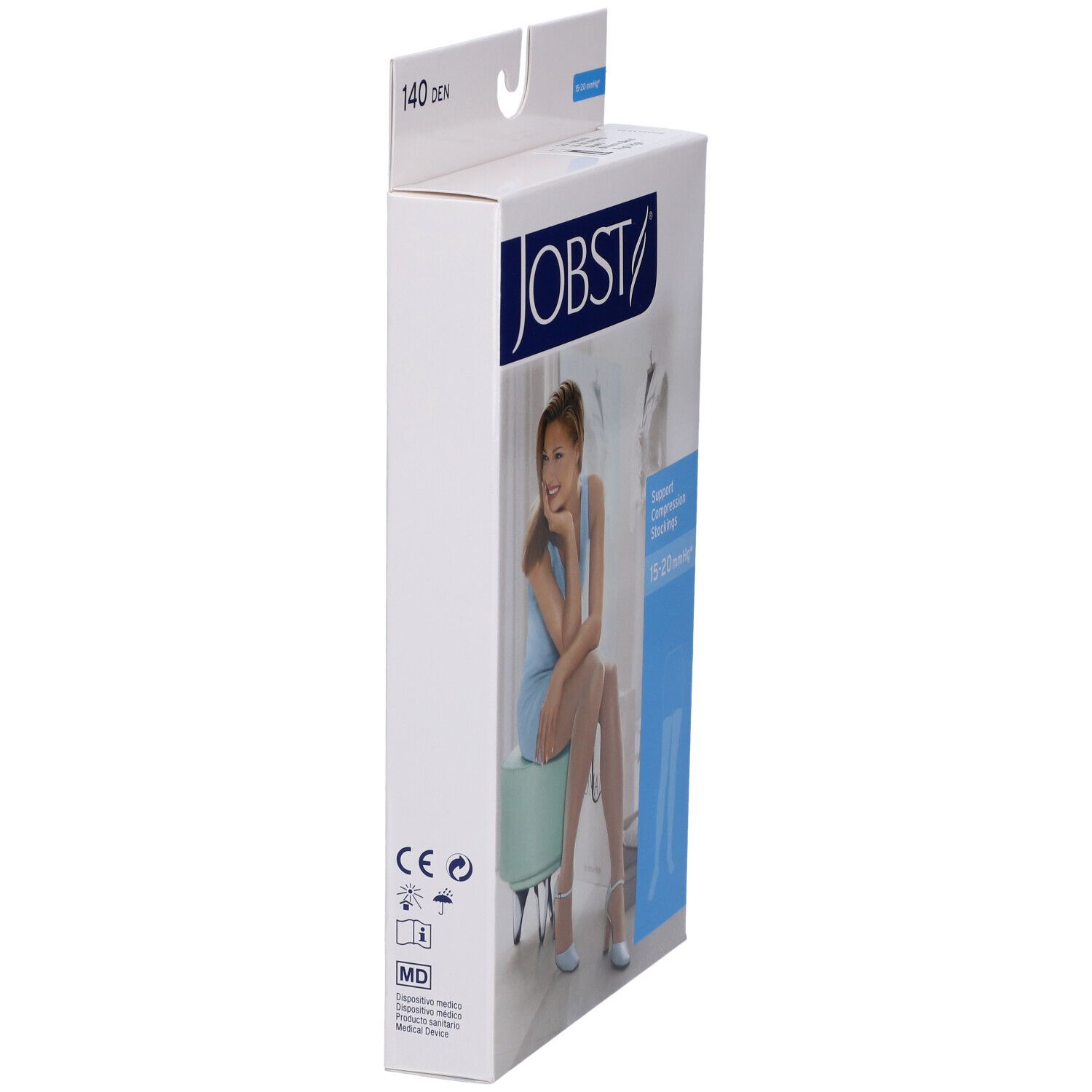 Confezione Jobst. Calze compressive 140 DEN. Donna seduta. Marchio CE. Simbolo MD.