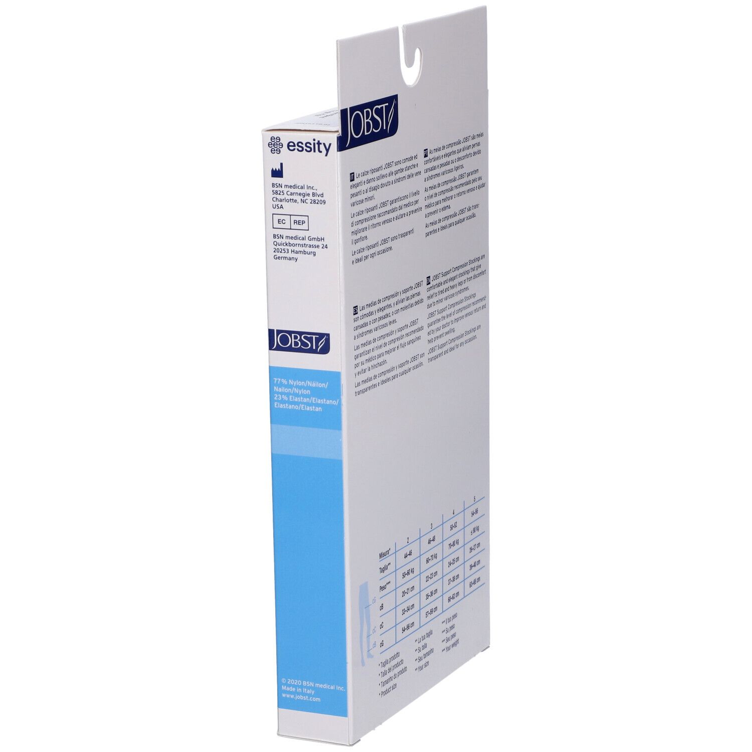 Confezione Jobst. Testo e tabella taglie. Marchio CE. Logo Essity.