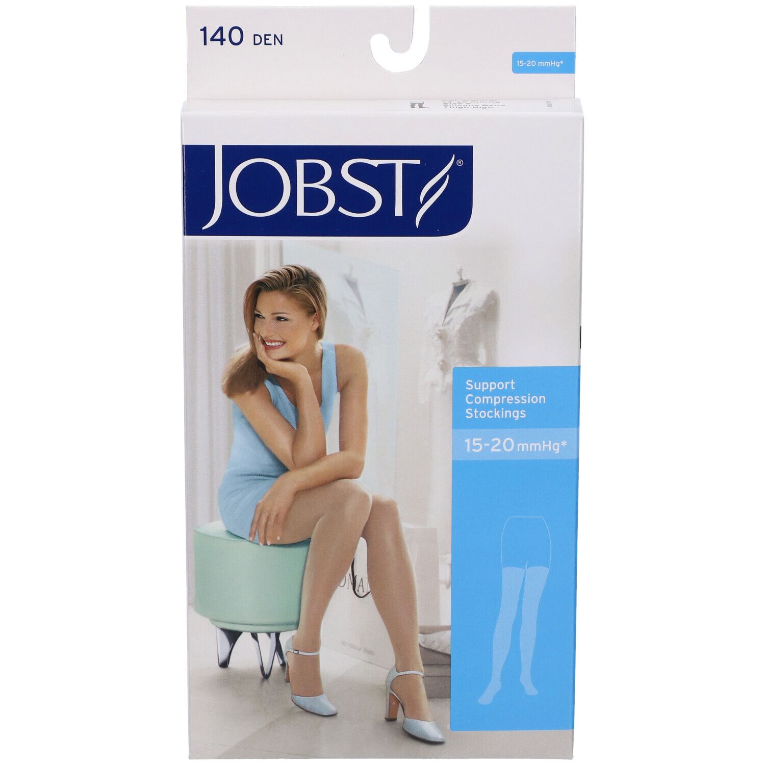 Confezione Jobst. Calze compressive 140 DEN, Naturel. Donna seduta. 15-20 mmHg.