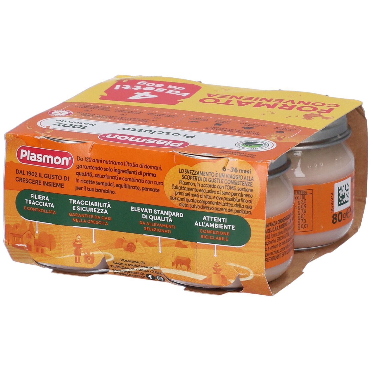 Plasmon Prosciutto con cereali: 4 vasetti da 80g, 100% naturale.