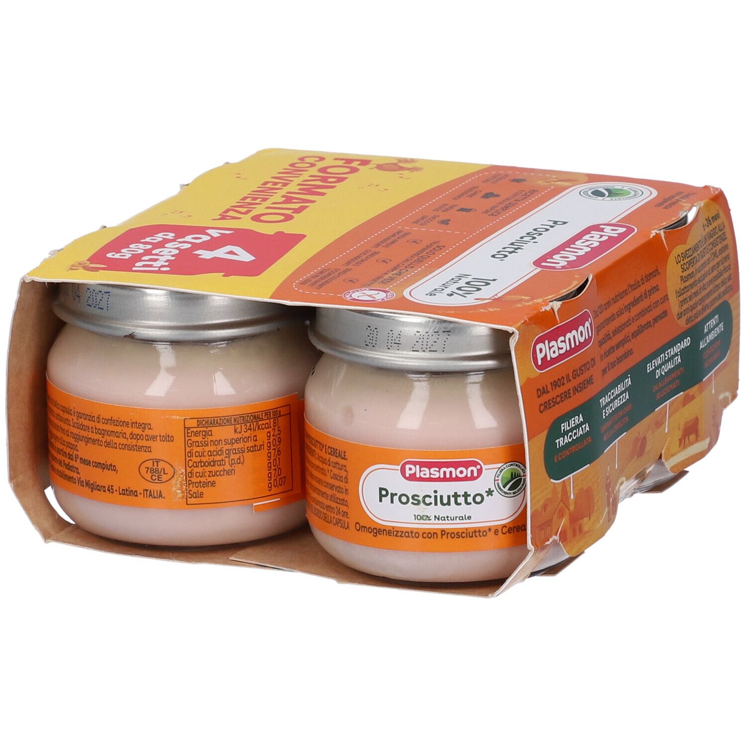 Plasmon Prosciutto con cereali: 4 vasetti da 80g, 100% naturale.