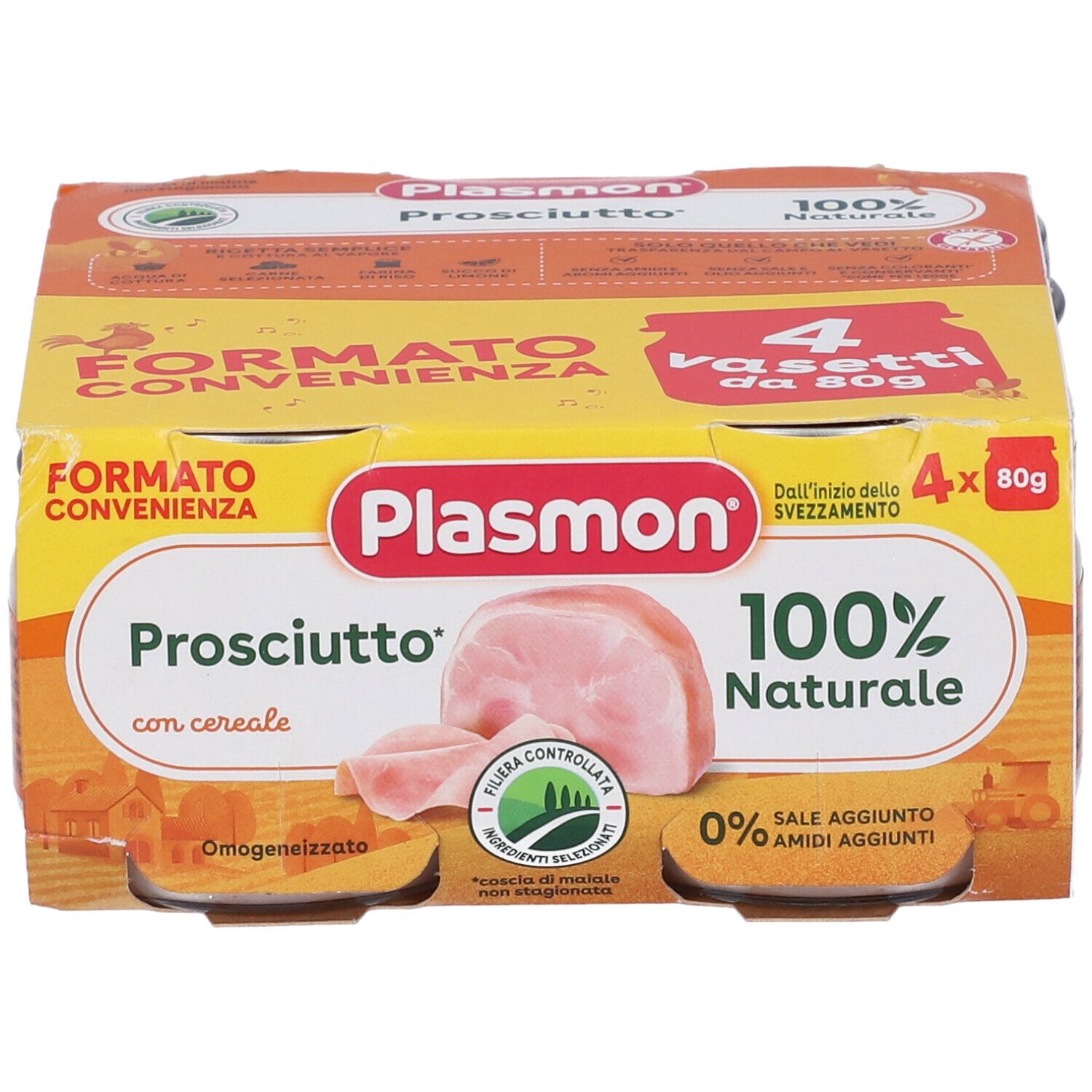 Plasmon Prosciutto con cereali: 4 vasetti da 80g, 100% naturale.