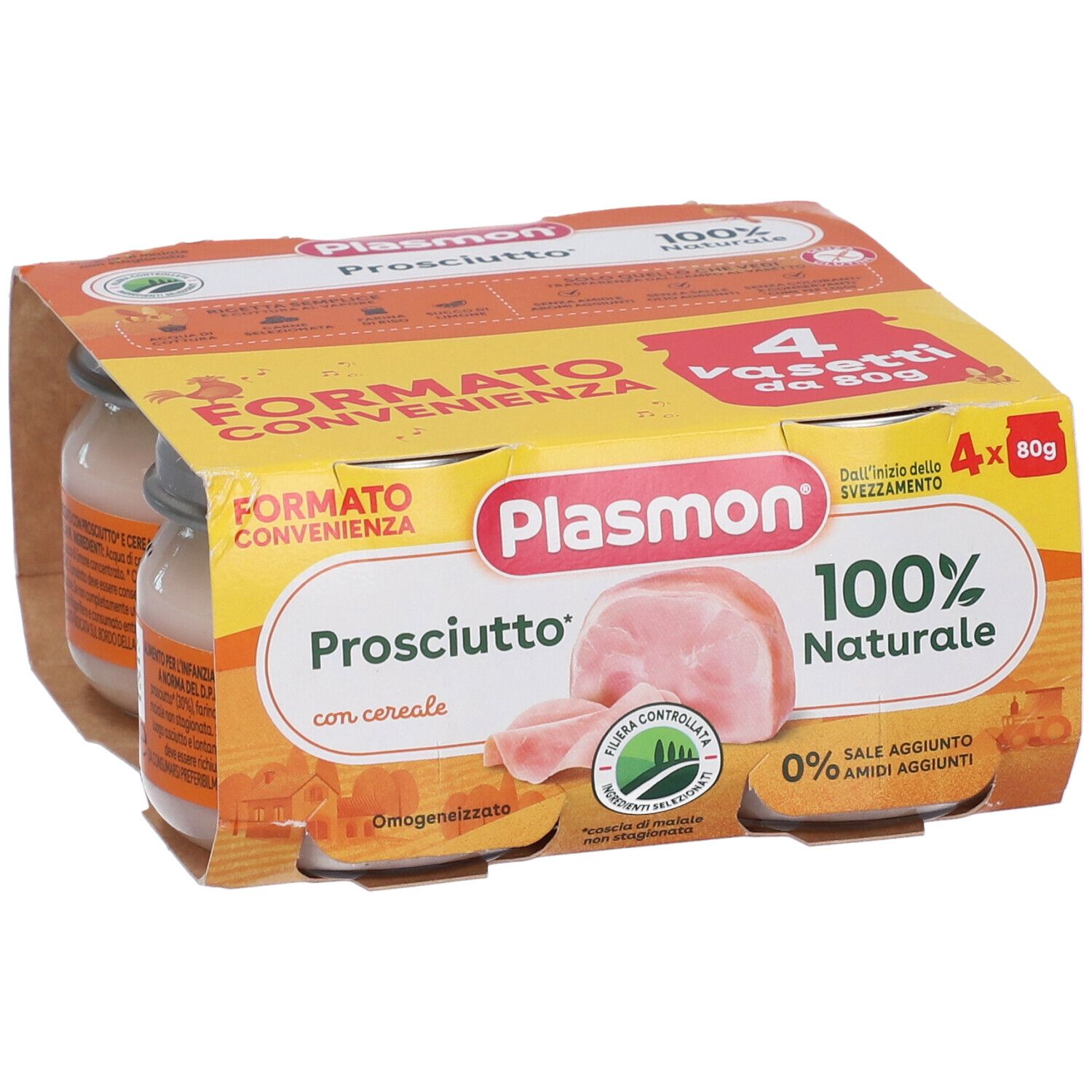 Plasmon Prosciutto con cereali: 4 vasetti da 80g, 100% naturale.