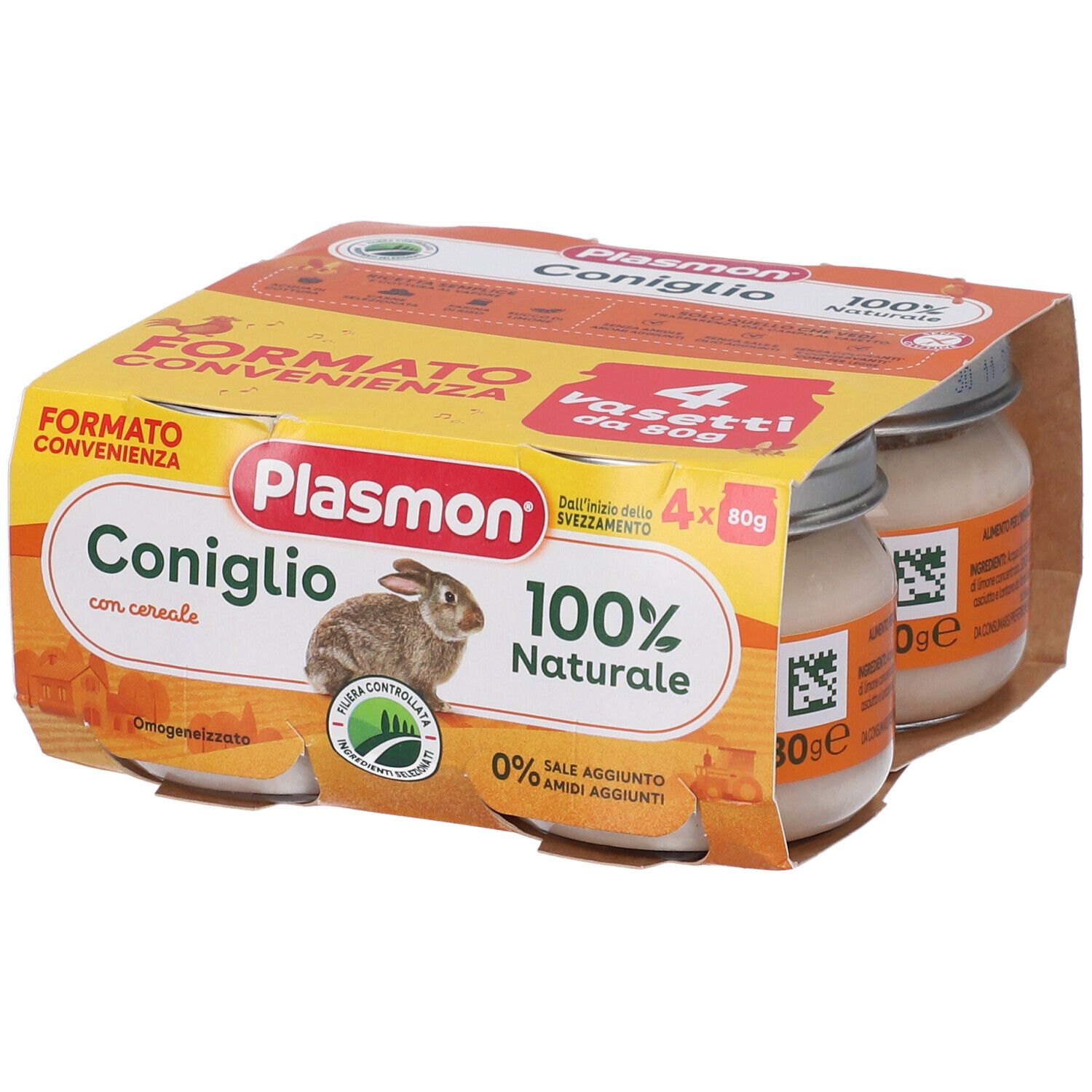 Plasmon Omogeneizzato Coniglio con cereali, 4 vasetti da 80g, 100% naturale.