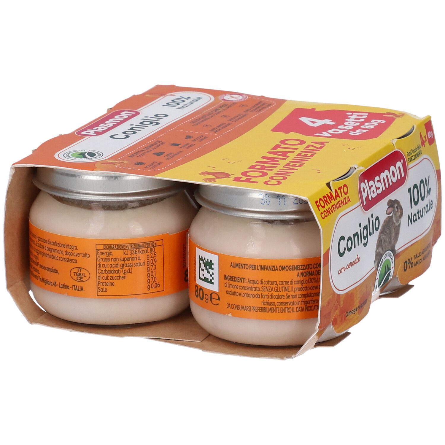 Retro del Plasmon Omogeneizzato Coniglio con cereali, confezione da 4x80g con informazioni nutrizionali.
