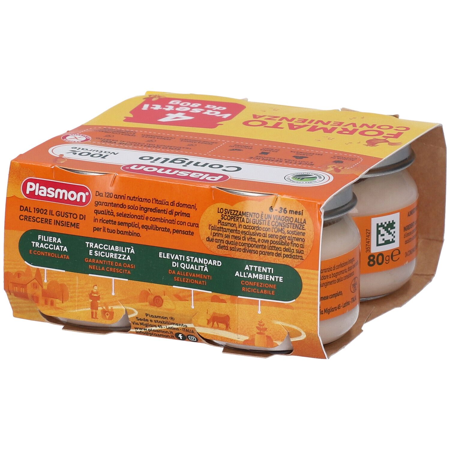 Plasmon Omogeneizzato Coniglio con cereali, confezione da 4x80g, con focus su qualità e tracciabilità.