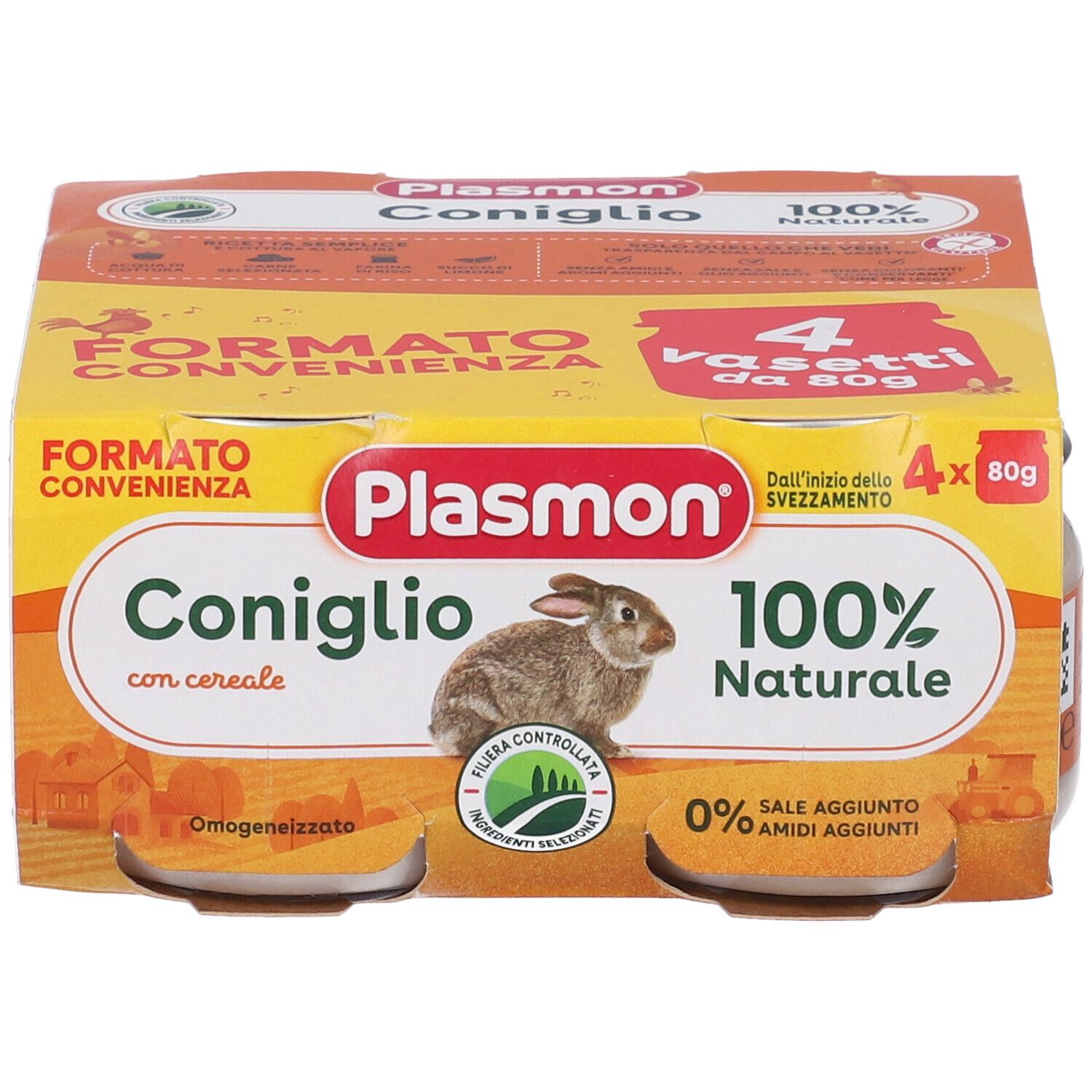 Vista frontale del Plasmon Omogeneizzato Coniglio con cereali, 4x80g, 100% naturale.