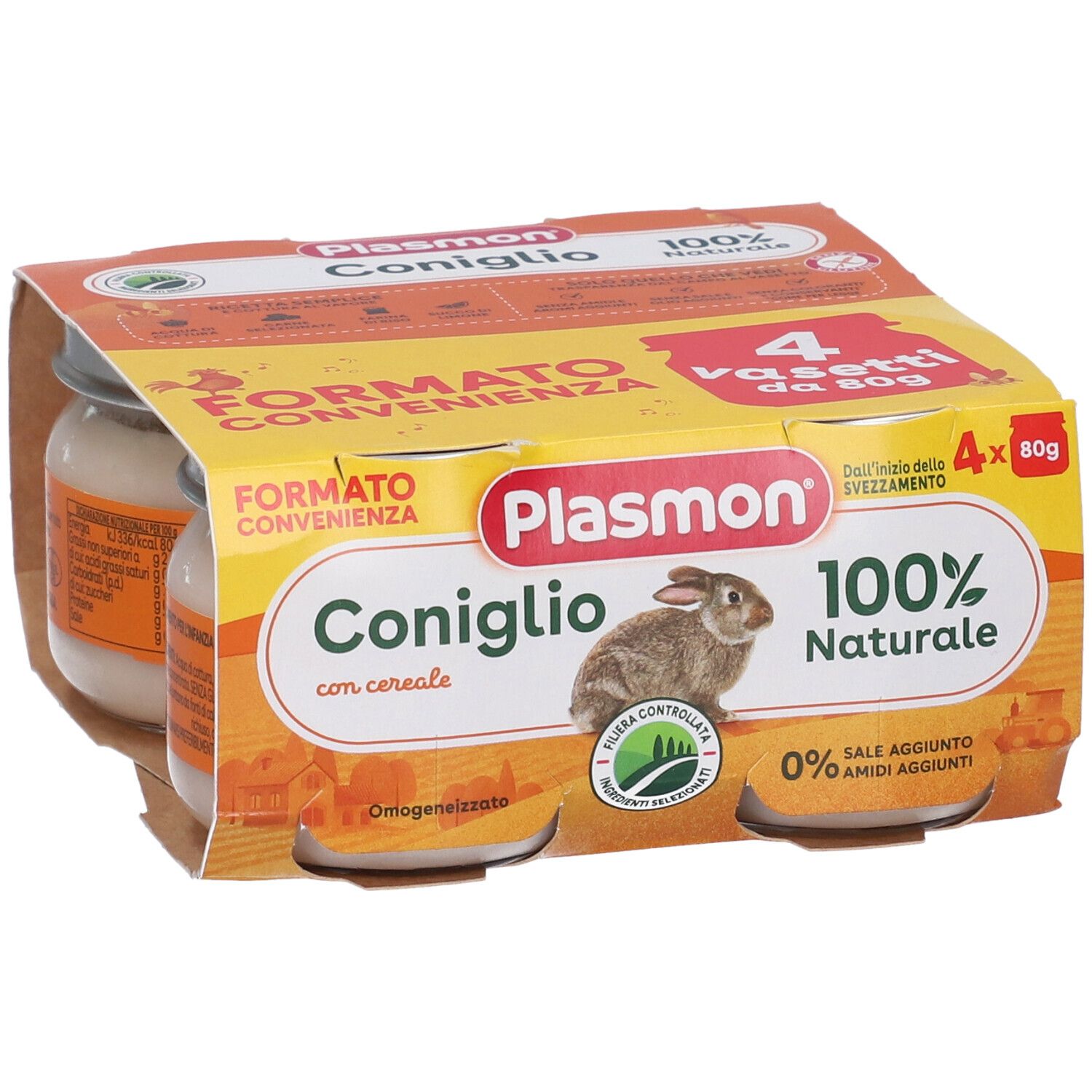 Plasmon Omogeneizzato Coniglio con cereali, 4x80g, con illustrazione di coniglio e sigilli.
