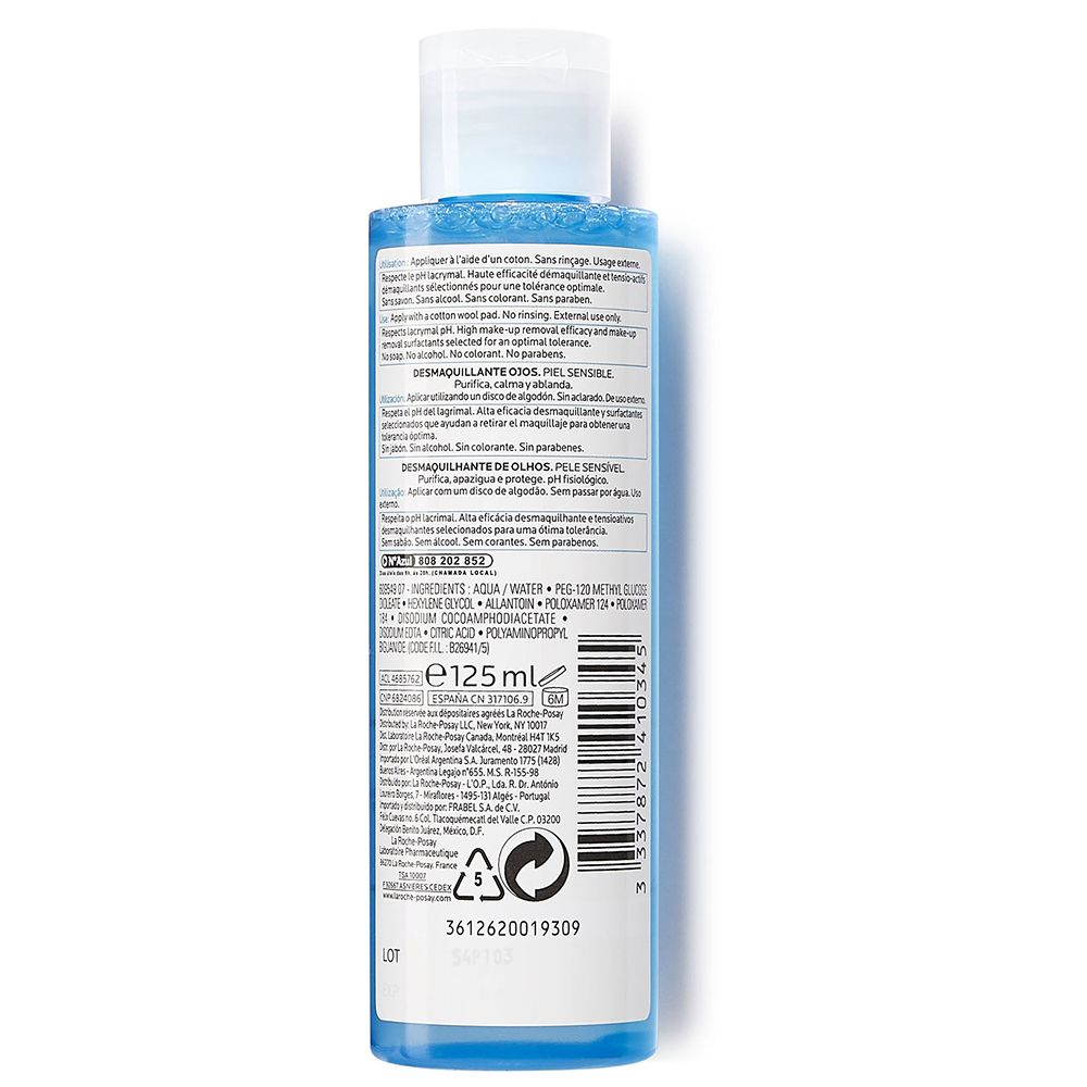 Retro di un flacone blu di struccante occhi. Testo: La Roche-Posay, ingredienti, istruzioni per l'uso, numero di lotto, codice a barre.